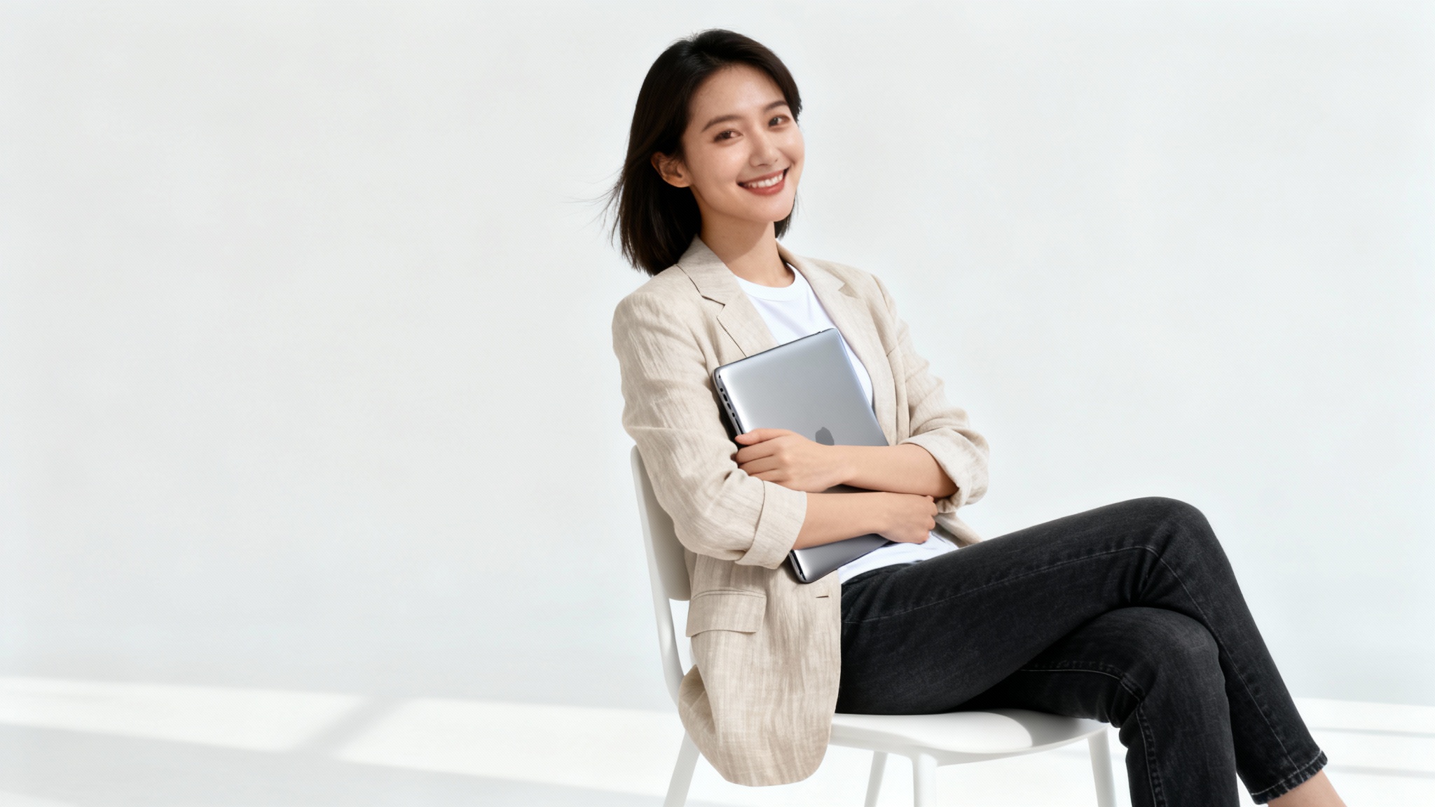 A full-body photograph of a professional young woman in a beige blazer and jeans, smiling while holding a closed silver laptop against a clean white background.
