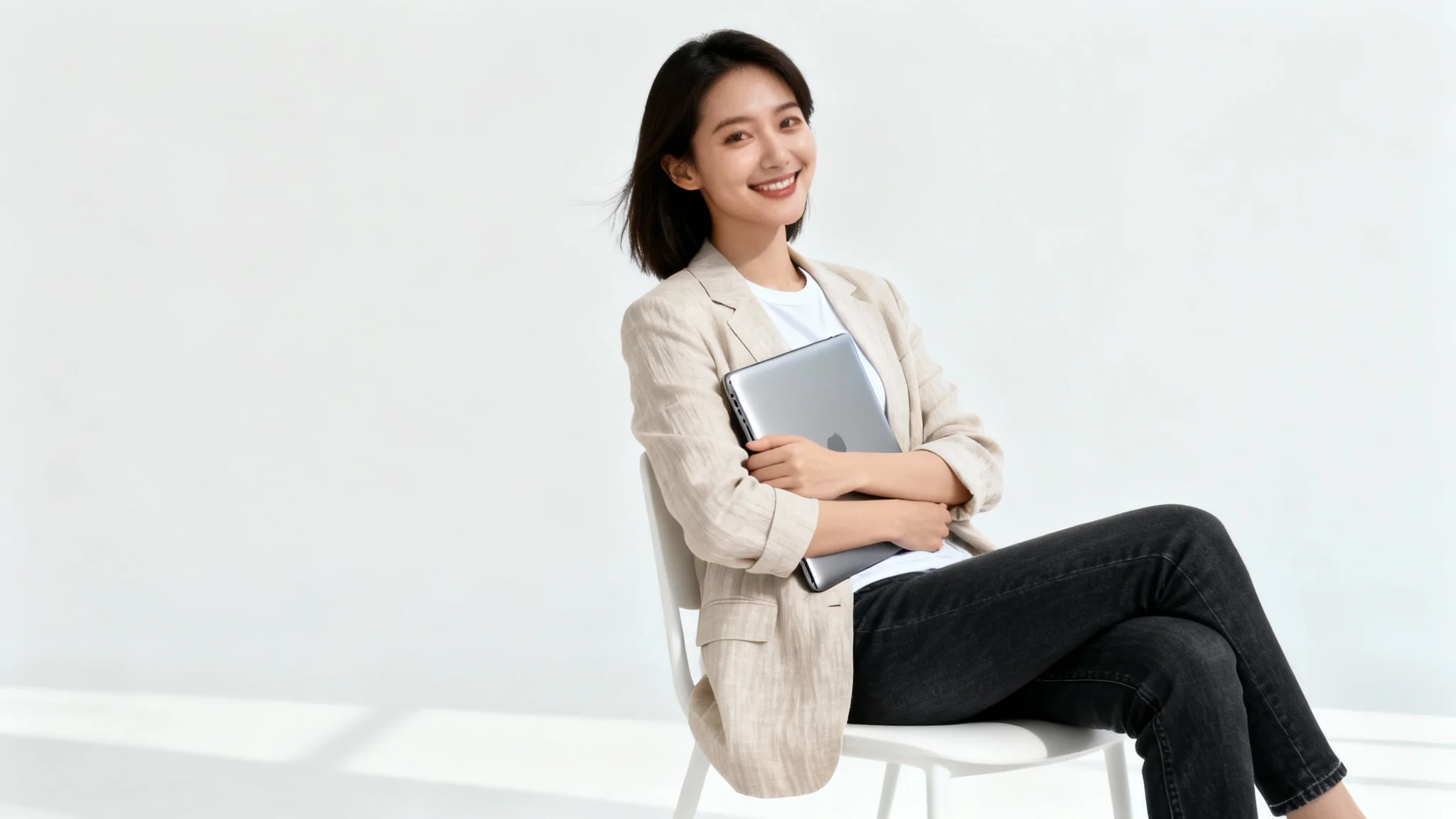 A full-body photograph of a professional young woman in a beige blazer and jeans, smiling while holding a closed silver laptop against a clean white background.