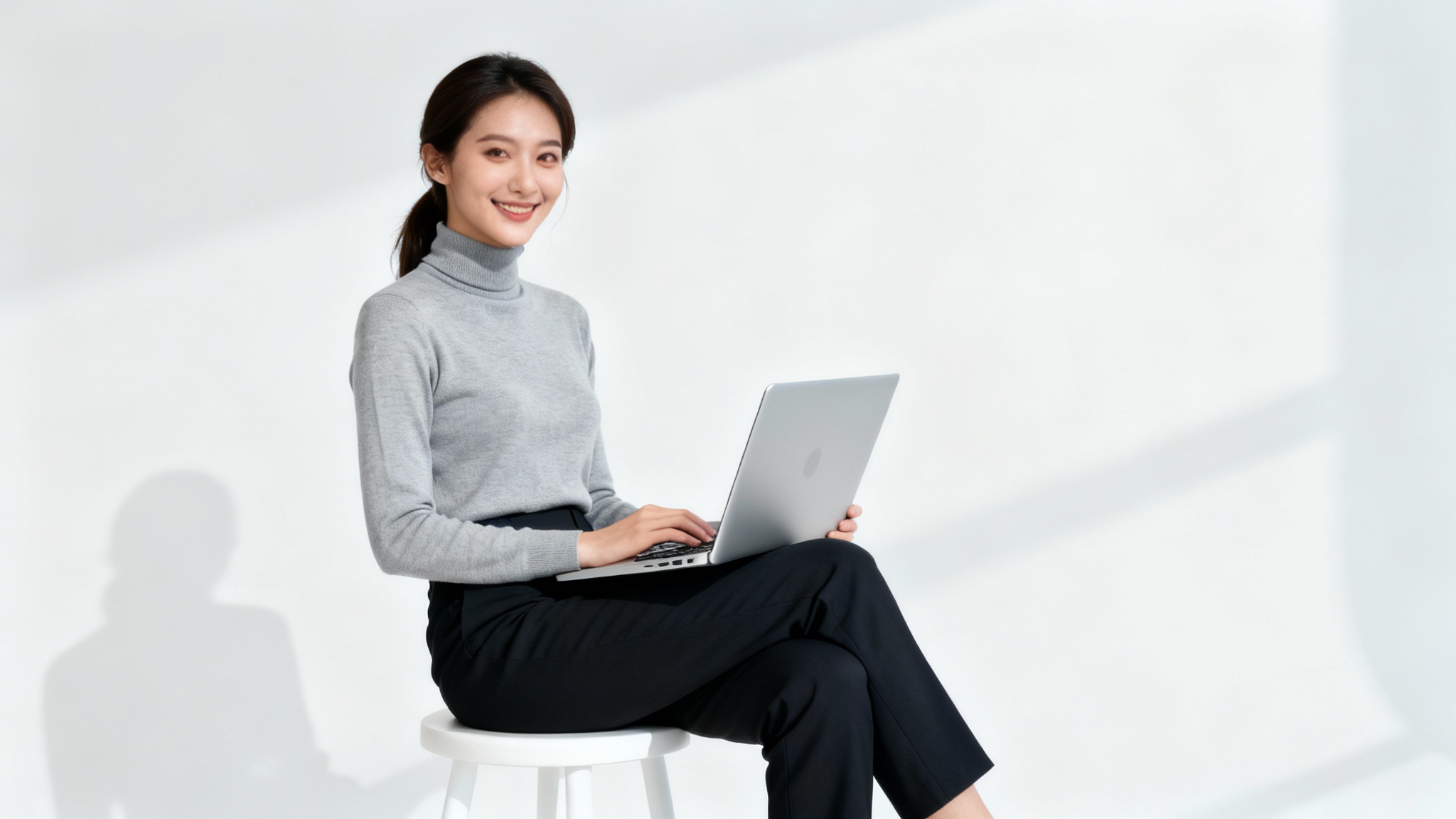 A professionally dressed woman smiling confidently while sitting on a stool with a modern laptop on her lap, set against a clean white background.
