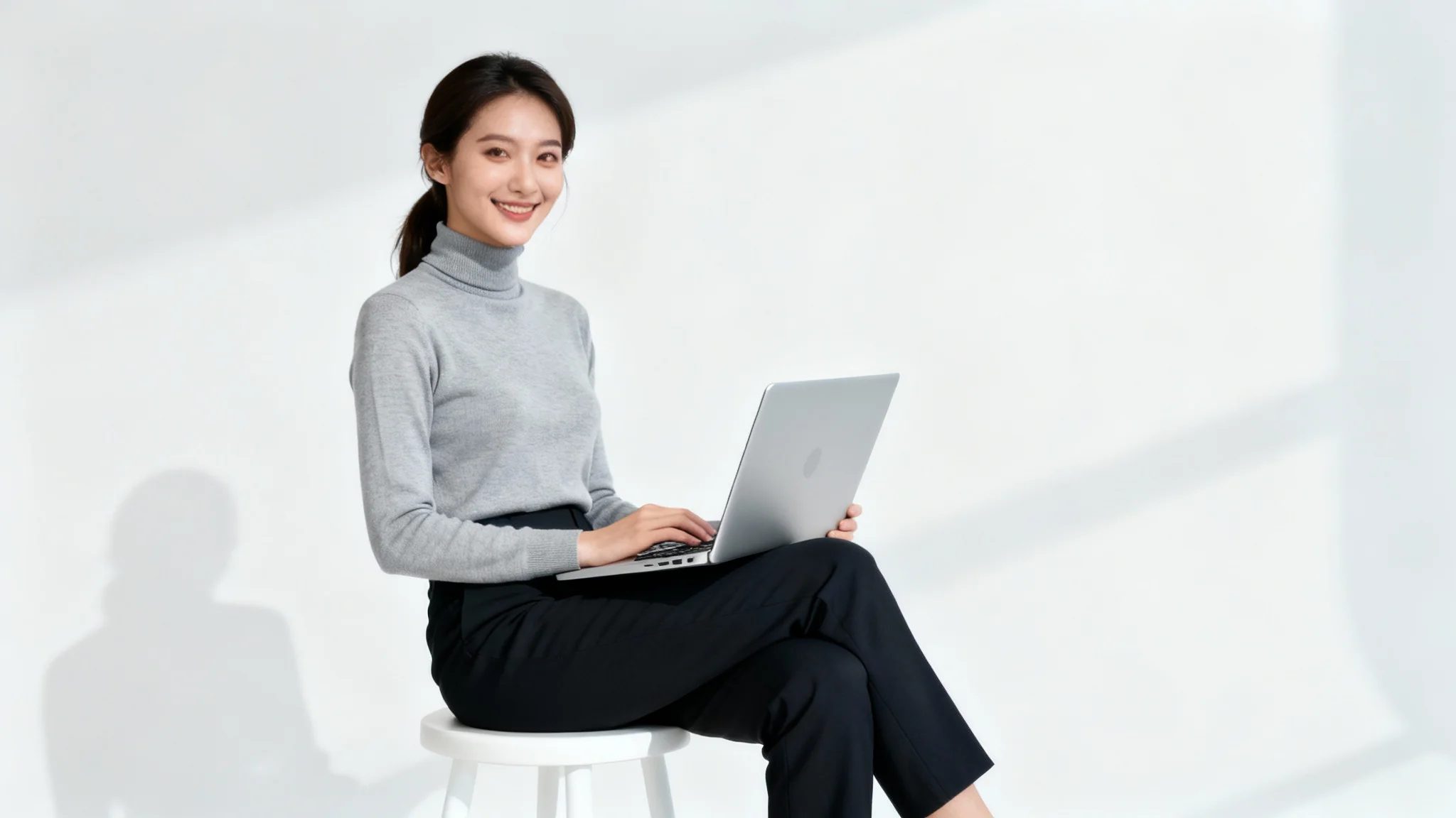 A professionally dressed woman smiling confidently while sitting on a stool with a modern laptop on her lap, set against a clean white background.