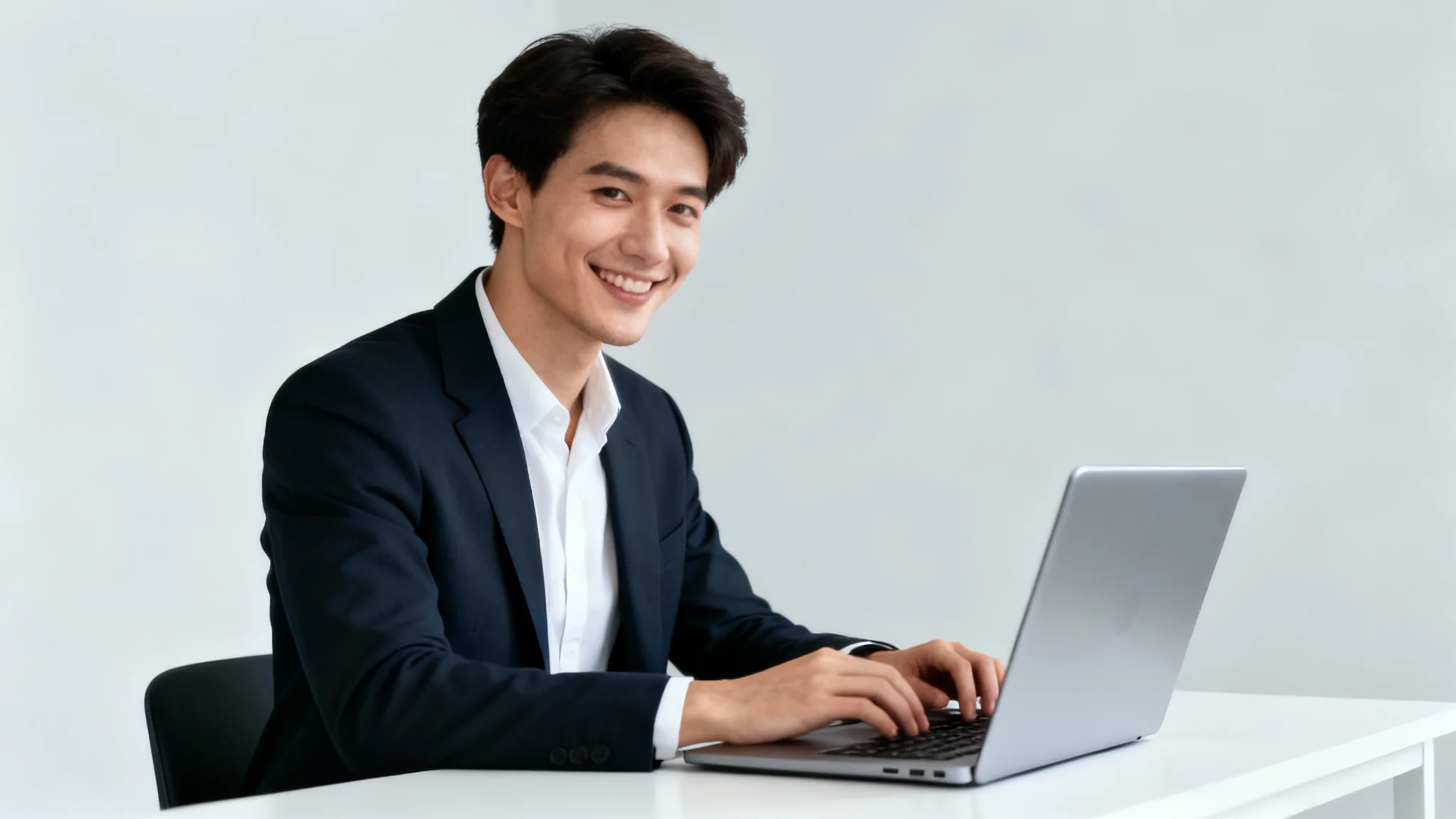 A professional man smiling while typing on a modern laptop at a white desk against a clean, light gray background.