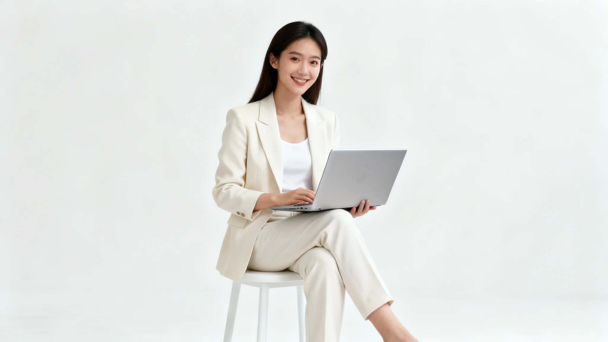 A smiling professional woman in a cream blazer sits on a white stool, holding an open laptop on her lap against a clean white background.