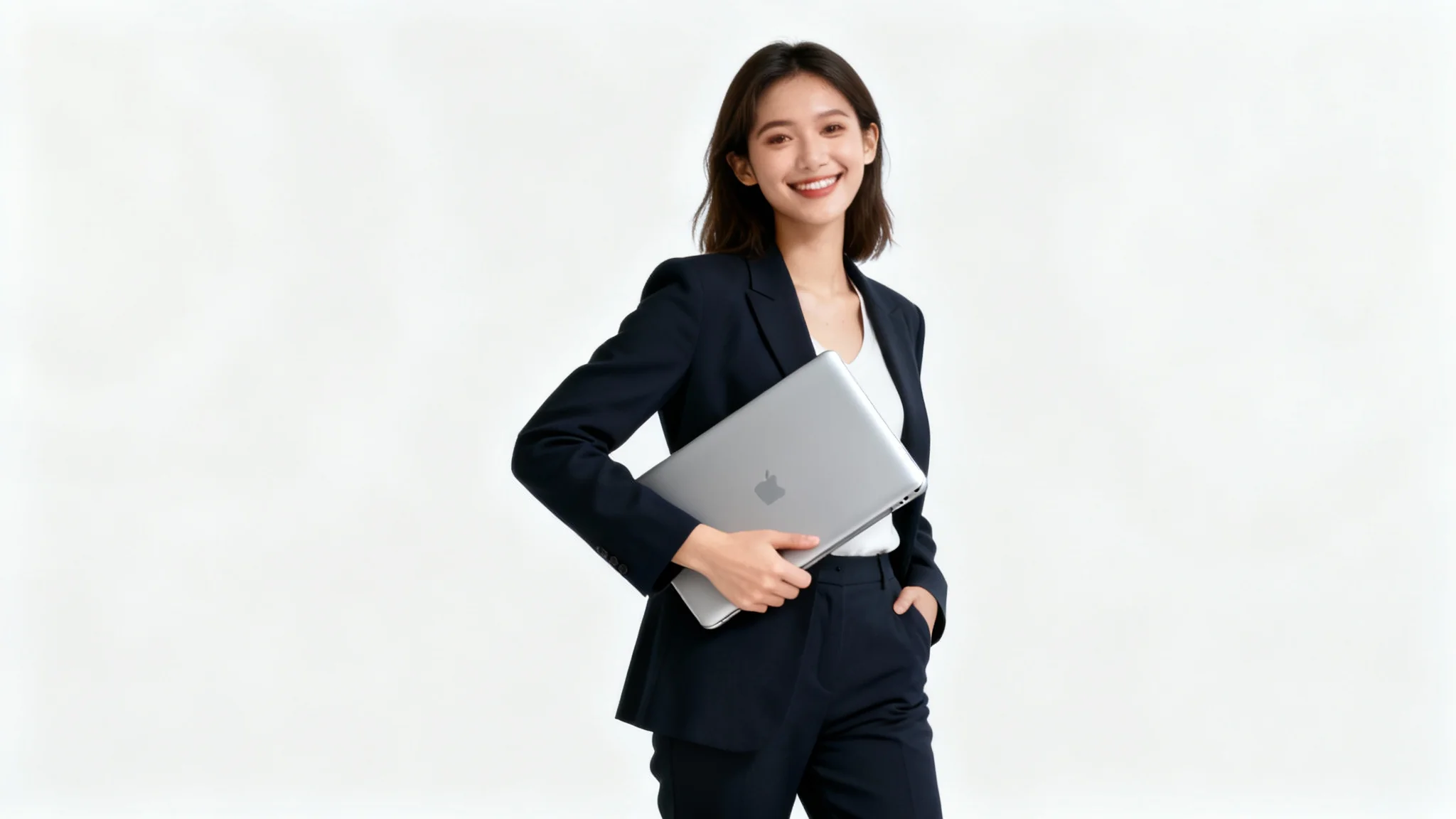A full-body photograph of a smiling, professionally dressed woman posing with a closed laptop against a plain white background.