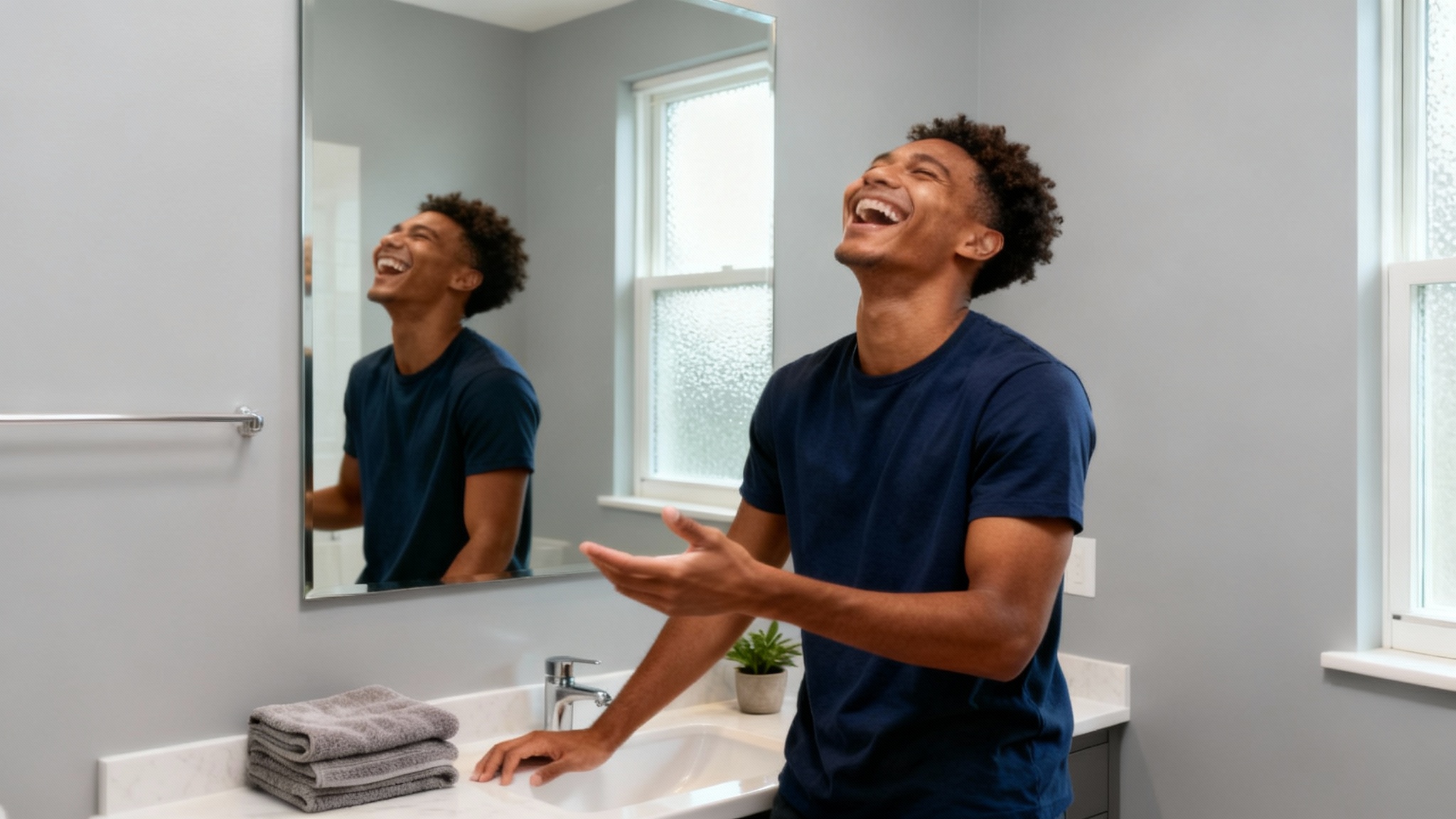 A high-quality still frame extracted from a video, showing a young man laughing in a brightly lit bathroom, demonstrating the result of a video frame extraction tool.