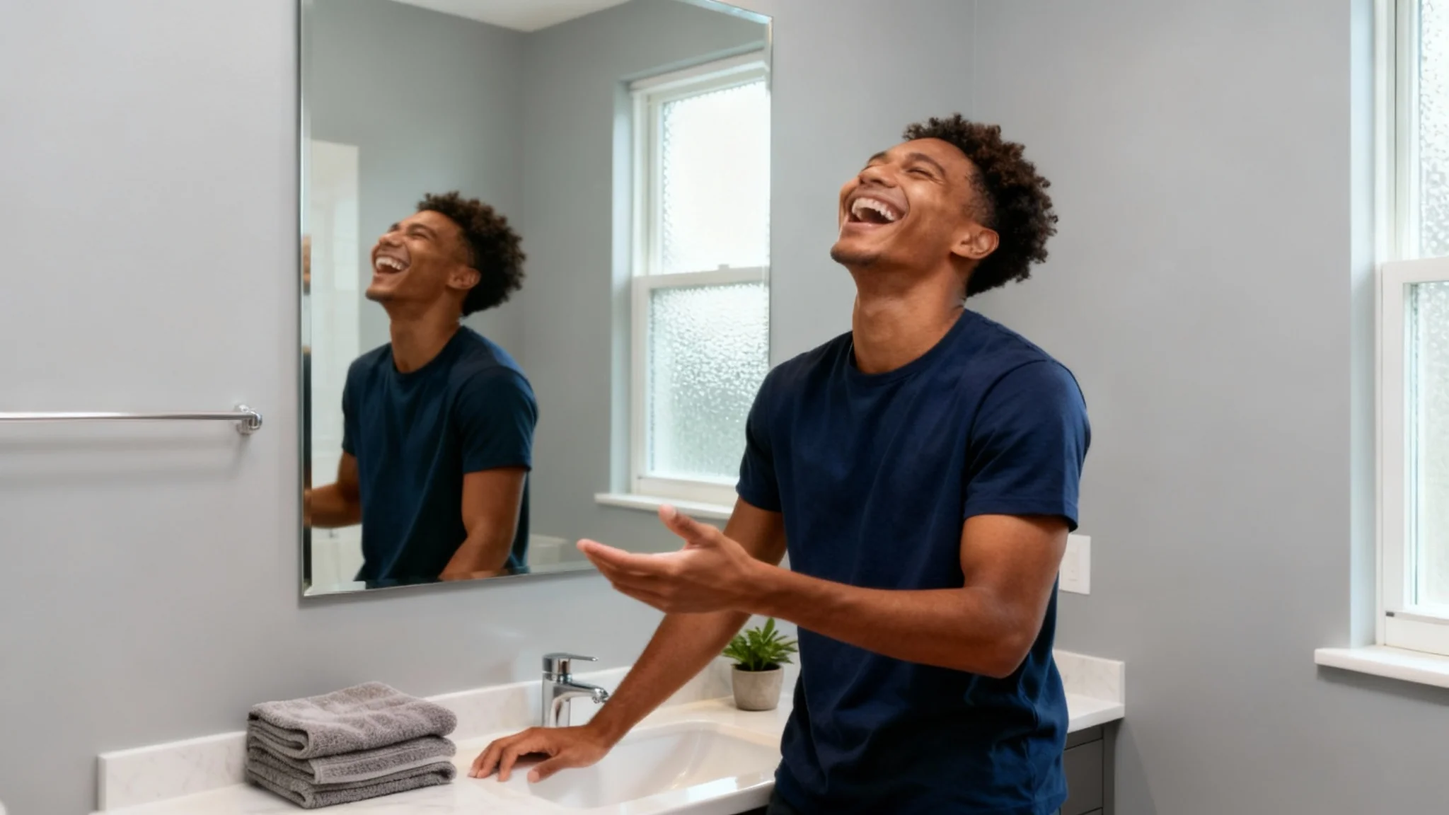 A high-quality still frame extracted from a video, showing a young man laughing in a brightly lit bathroom, demonstrating the result of a video frame extraction tool.