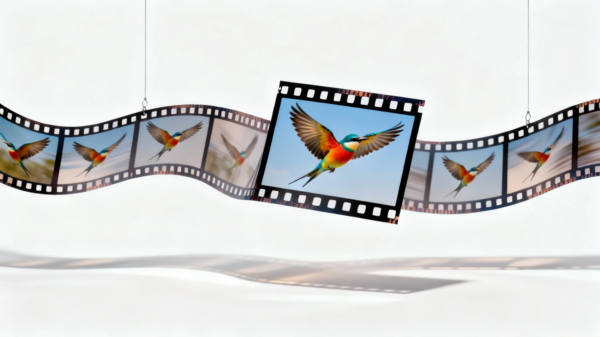 A conceptual mockup illustrating frame extraction: a film strip shows a bird in flight, with one hyper-realistic, high-definition frame pulled out and enlarged against a white background.
