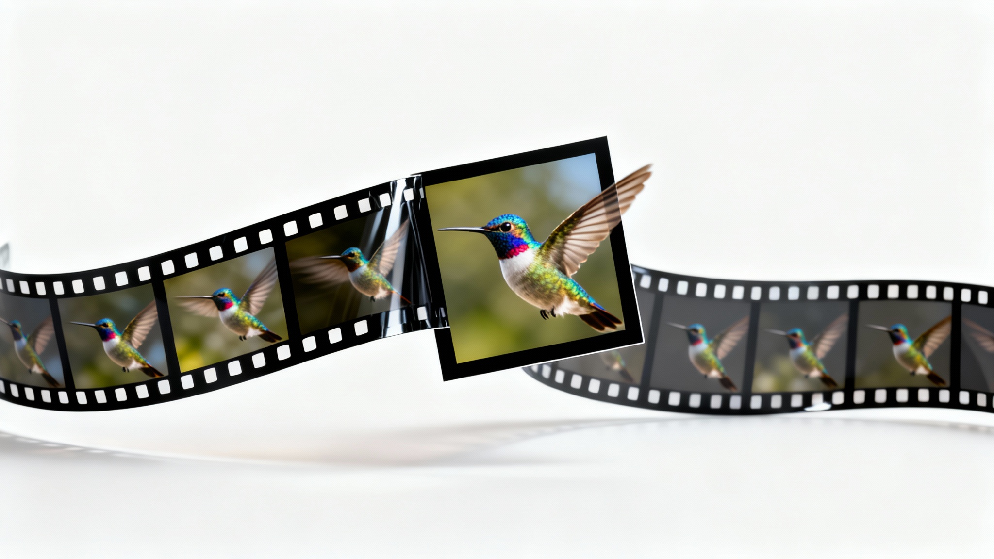 A conceptual image showing a film strip with a blurred hummingbird in motion, and a single, crystal-clear, high-resolution frame of the hummingbird floating above it, representing frame extraction.