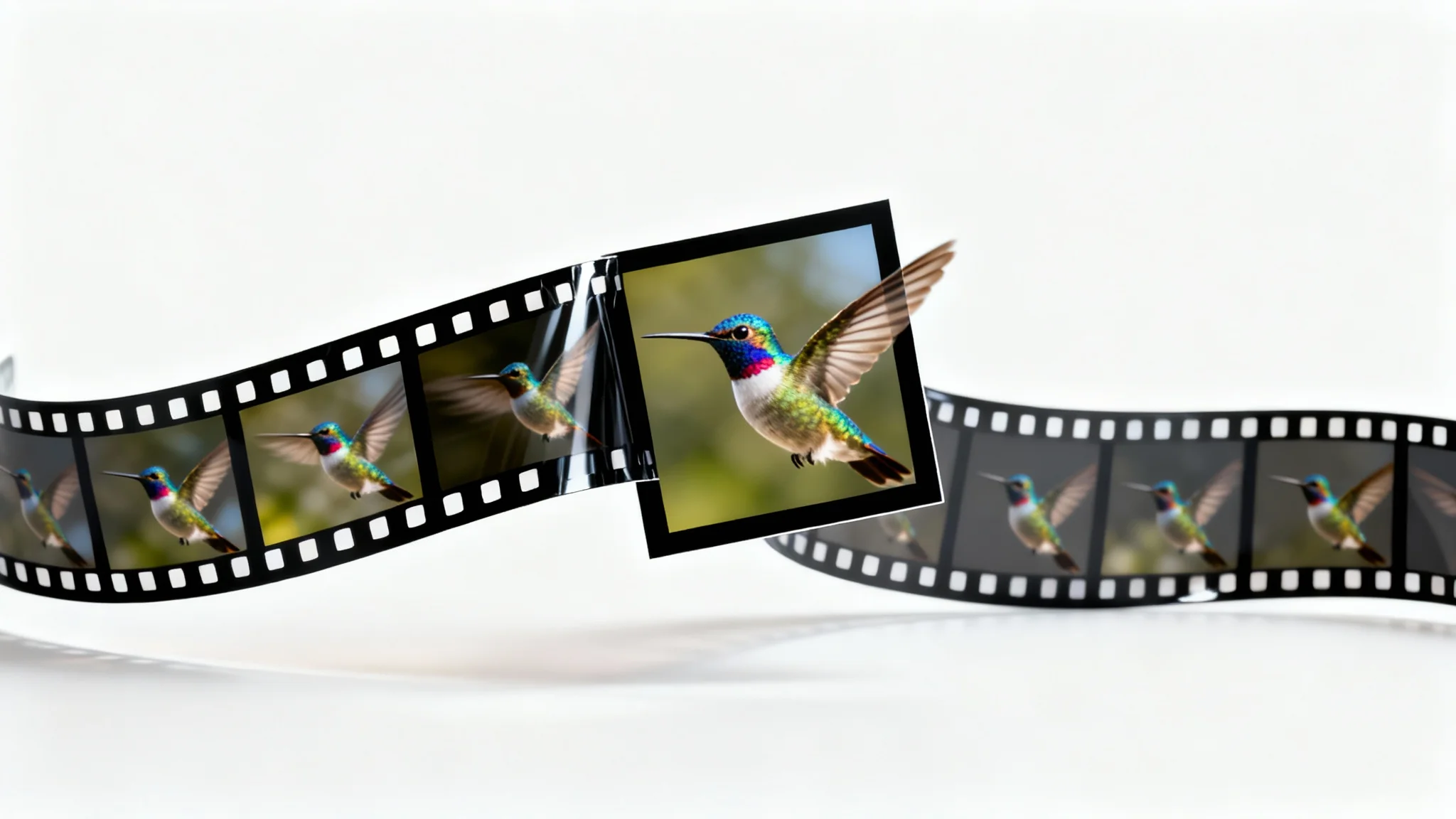 A conceptual image showing a film strip with a blurred hummingbird in motion, and a single, crystal-clear, high-resolution frame of the hummingbird floating above it, representing frame extraction.