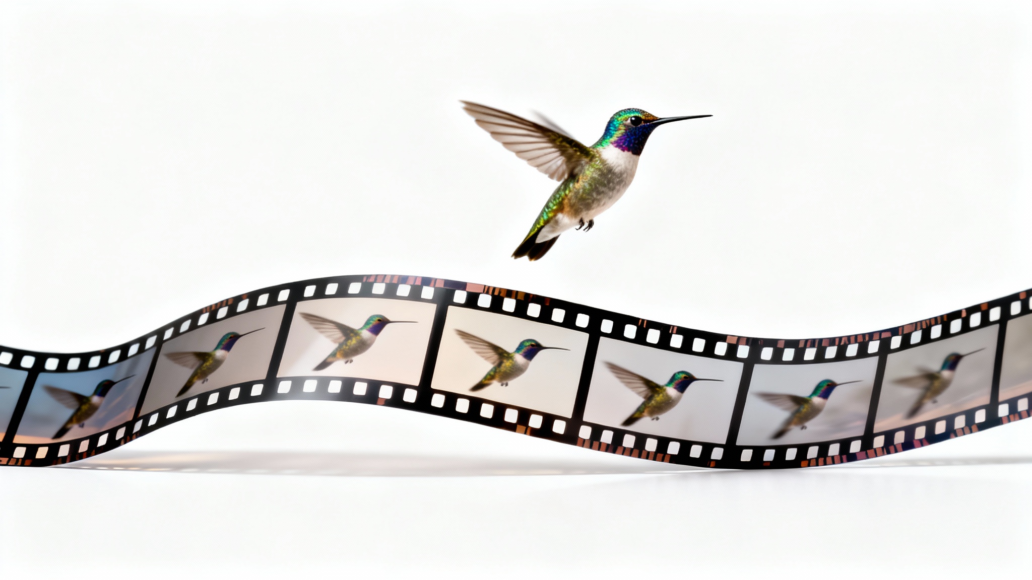 A strip of film shows a blurry hummingbird in motion, with a single, crystal-clear frame of the hummingbird frozen in mid-air, extracted from the film strip against a white background.