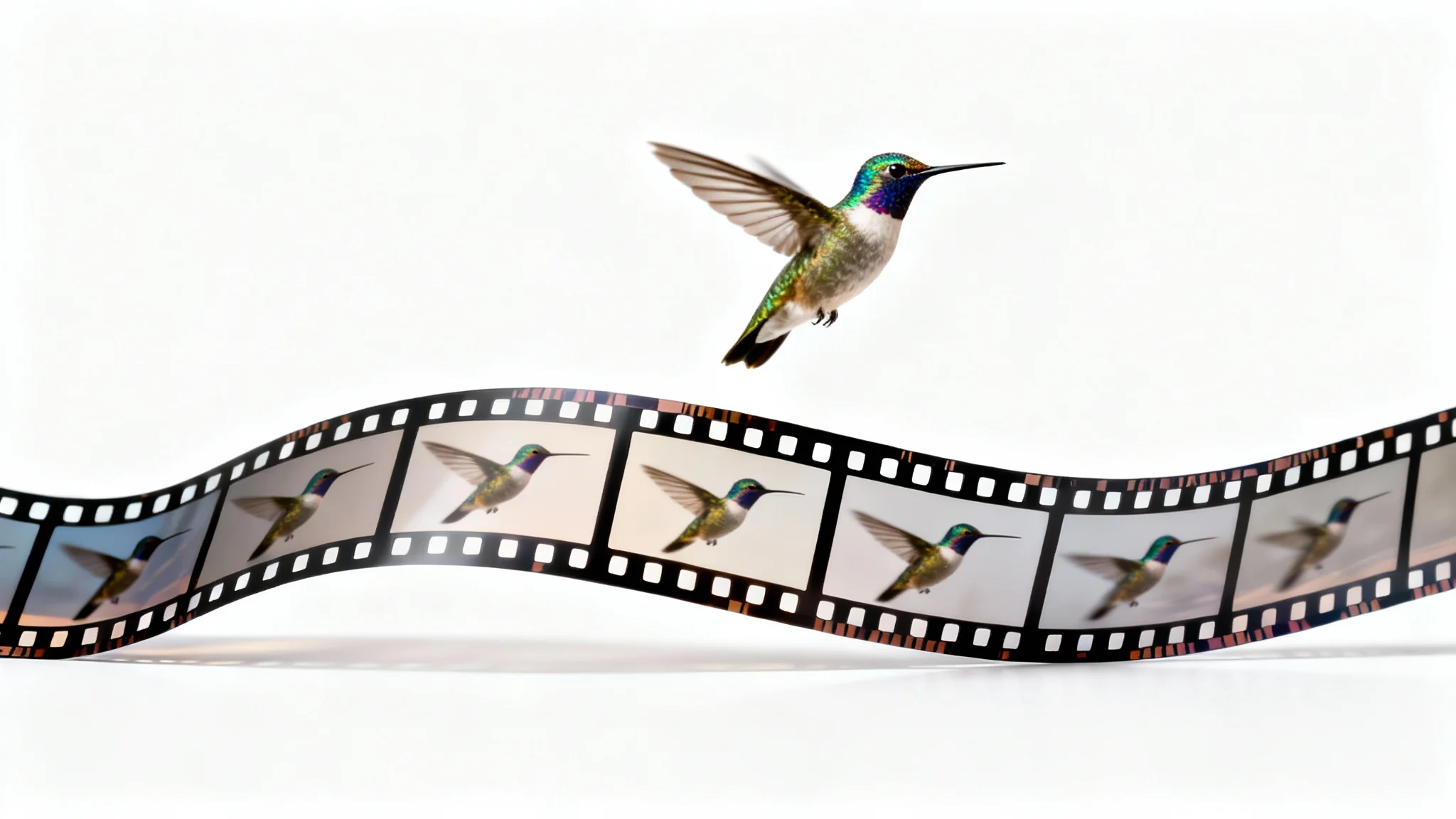 A strip of film shows a blurry hummingbird in motion, with a single, crystal-clear frame of the hummingbird frozen in mid-air, extracted from the film strip against a white background.