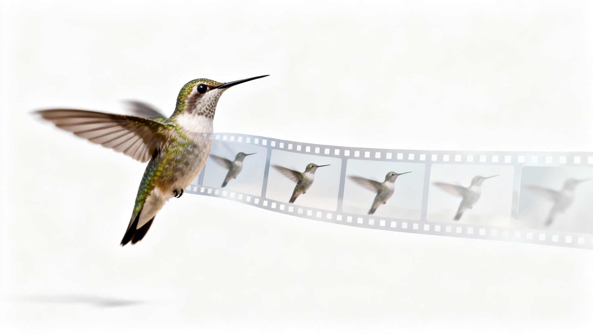 A conceptual image representing frame extraction from a video, showing a single, sharp photo of a hummingbird being pulled from a blurred film strip.