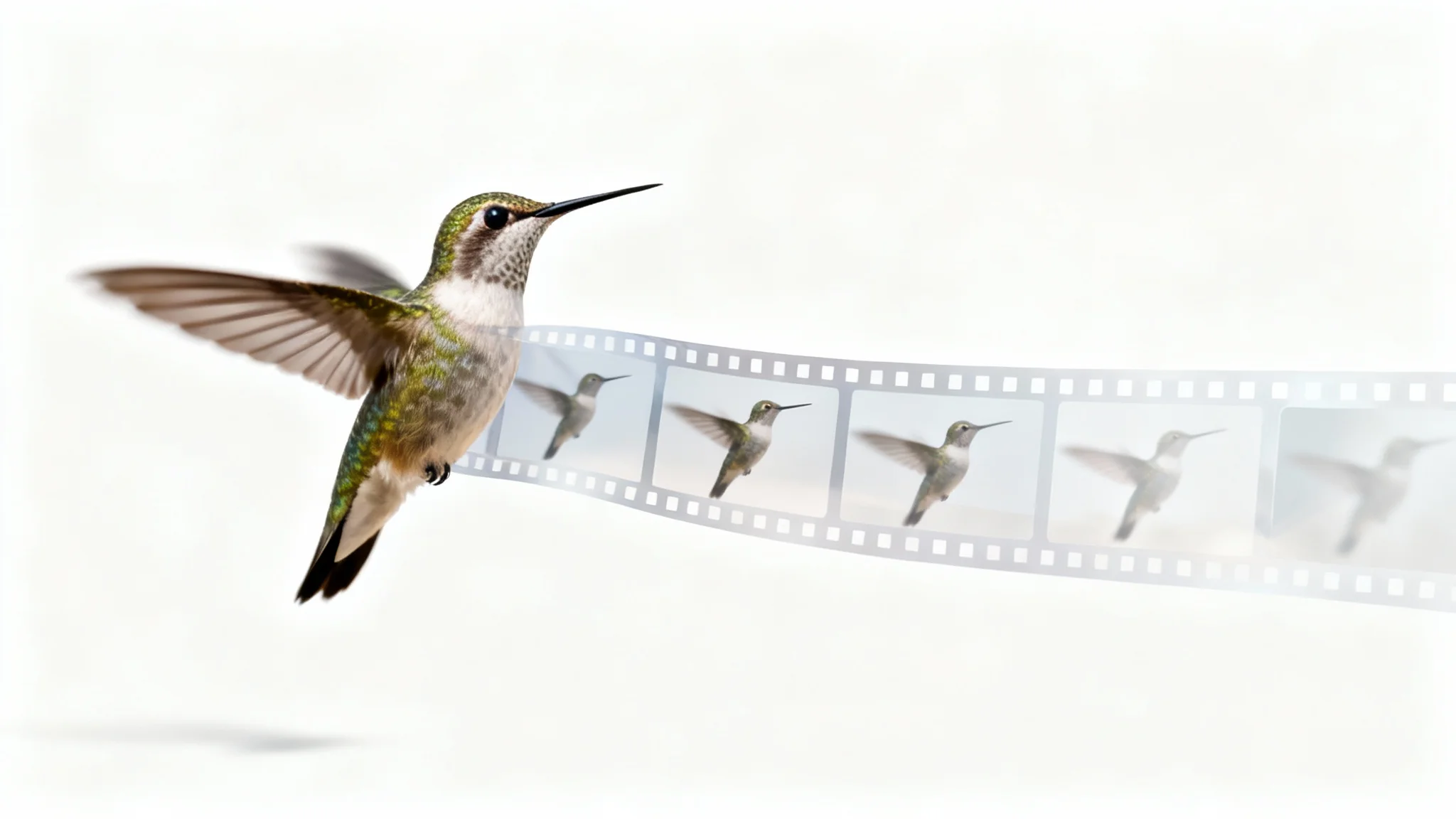 A conceptual image representing frame extraction from a video, showing a single, sharp photo of a hummingbird being pulled from a blurred film strip.