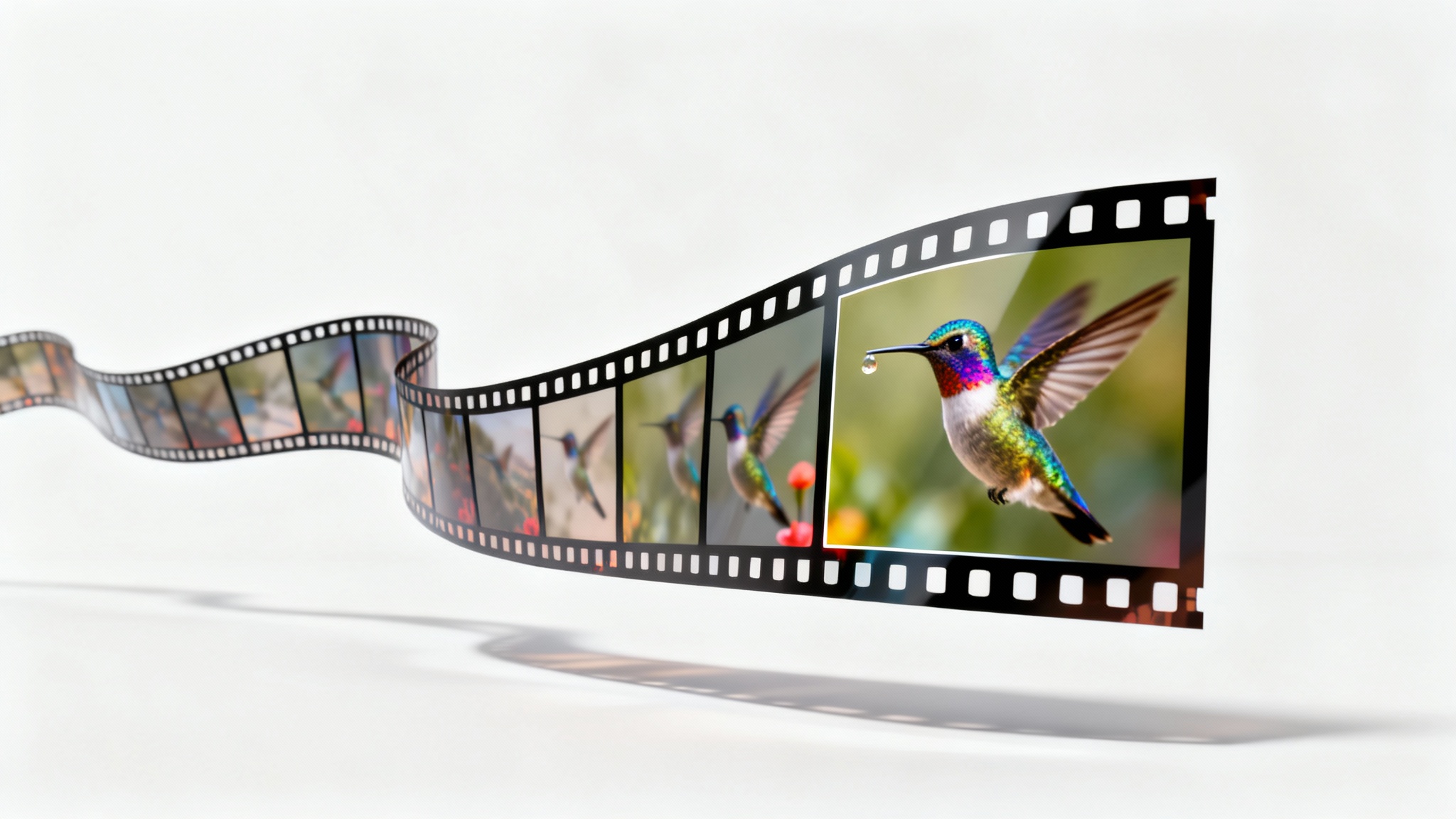 A conceptual image of extracting a frame from a video, showing a filmstrip with blurry motion shots of a hummingbird, and one perfectly clear, high-resolution photo of the bird emerging from the center.