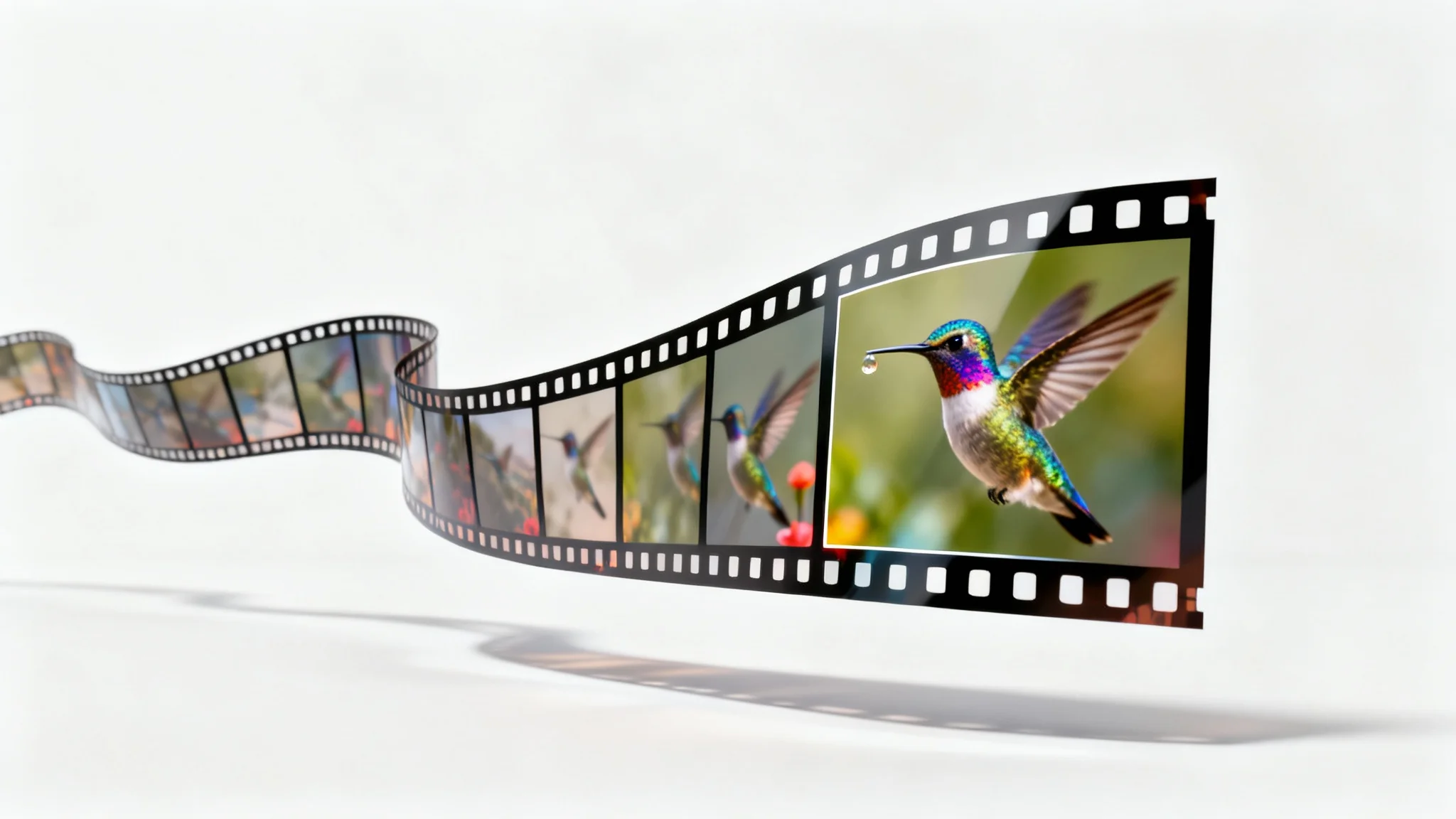 A conceptual image of extracting a frame from a video, showing a filmstrip with blurry motion shots of a hummingbird, and one perfectly clear, high-resolution photo of the bird emerging from the center.