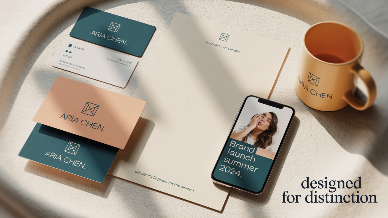 A professionally designed brand kit displayed in a flat lay, including a business card for 'Aria Chen', a letterhead, a phone showing a social media post, and a branded mug, all featuring a modern teal and peach color scheme.
