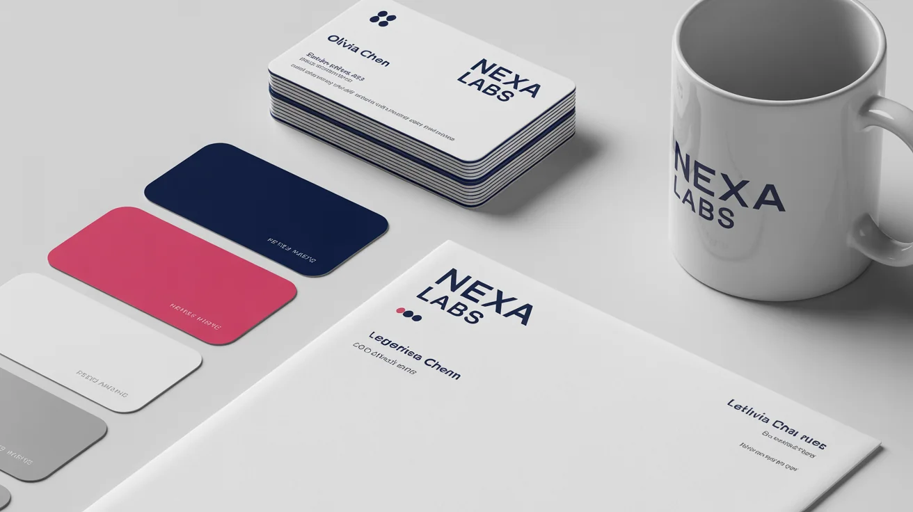 A cohesive brand kit for 'Nexa Labs' laid out on a white surface, including business cards, a letterhead, color swatches, and a branded mug, all in a modern, professional style.