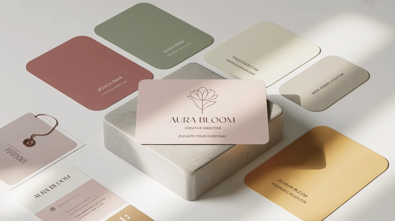 A professionally arranged flat lay of a brand kit for 'Aura Bloom' on a white background. The kit includes a business card, letterhead, color swatches in dusty rose and sage green, and a product tag, showcasing a cohesive and elegant brand identity.