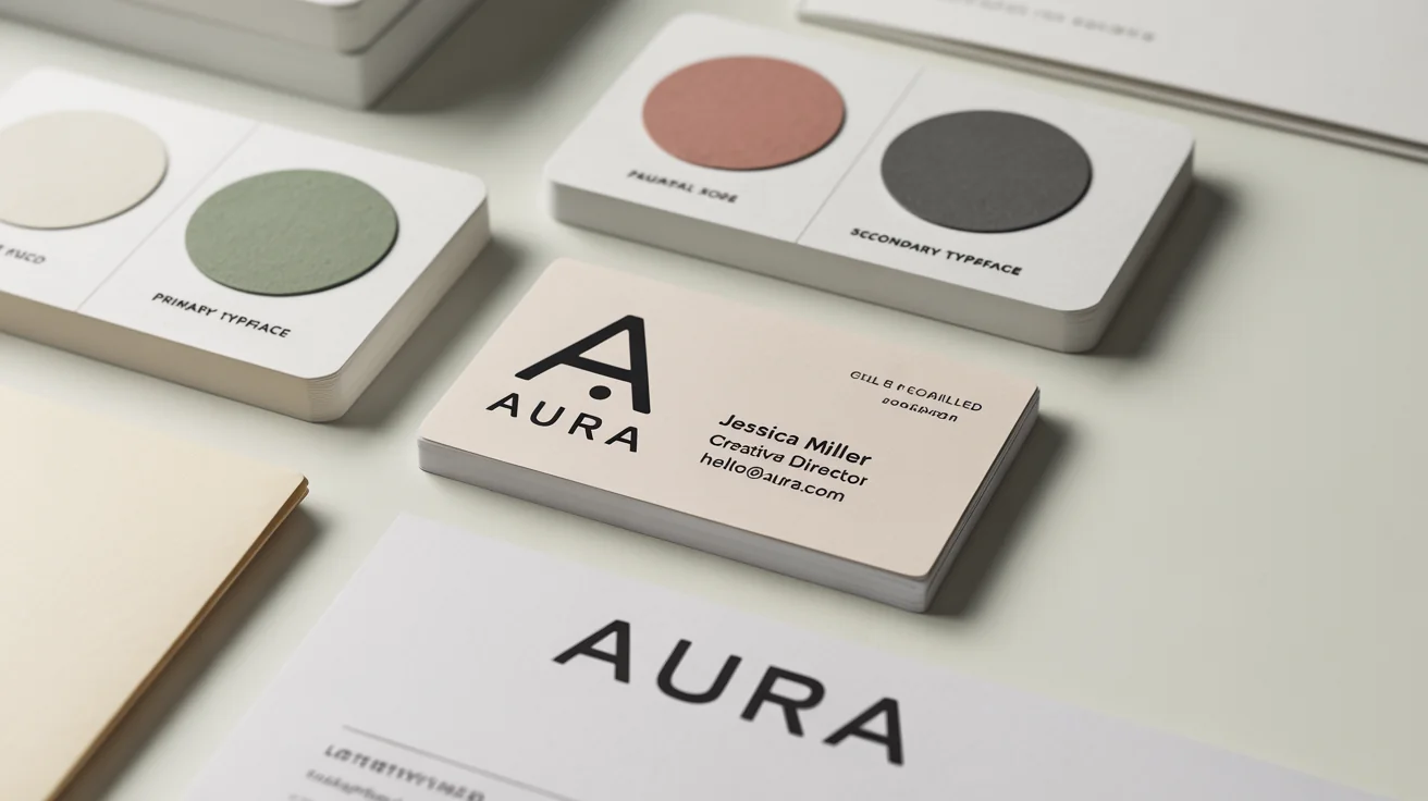 A flat lay mockup of a professional brand kit on a white background, including a business card, logo, color palette, and typography samples for a fictional brand named 'Aura'.