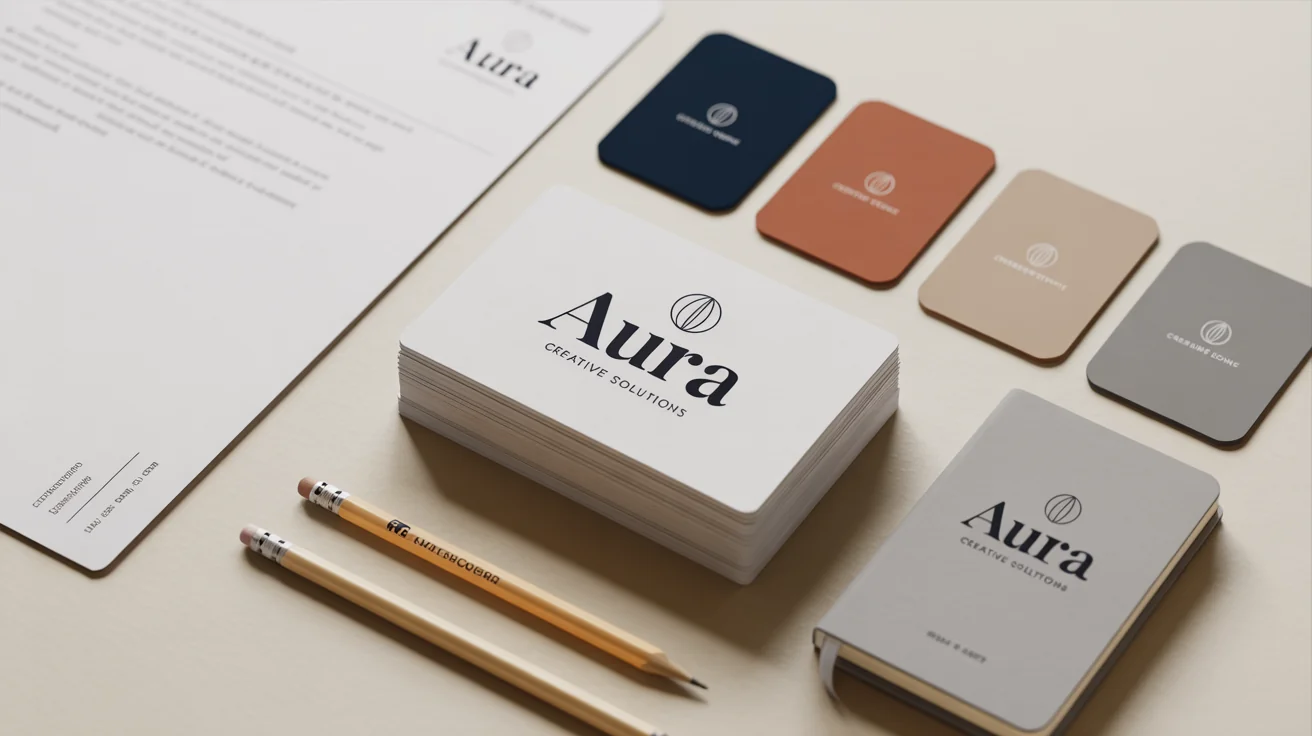 A flat lay mockup of a corporate brand kit featuring a business card and letterhead with the fictional brand name 'Aura', alongside color swatches in navy, terracotta, beige, and gray, all on a clean white background.