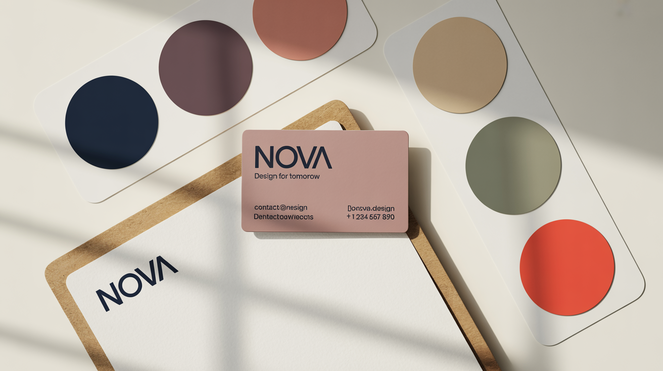 A flat lay of a professional brand kit for a fictional brand 'NOVA' on a white background, including a business card, letterhead, and color palette swatches in navy, rose, and sage, representing a cohesive brand identity.