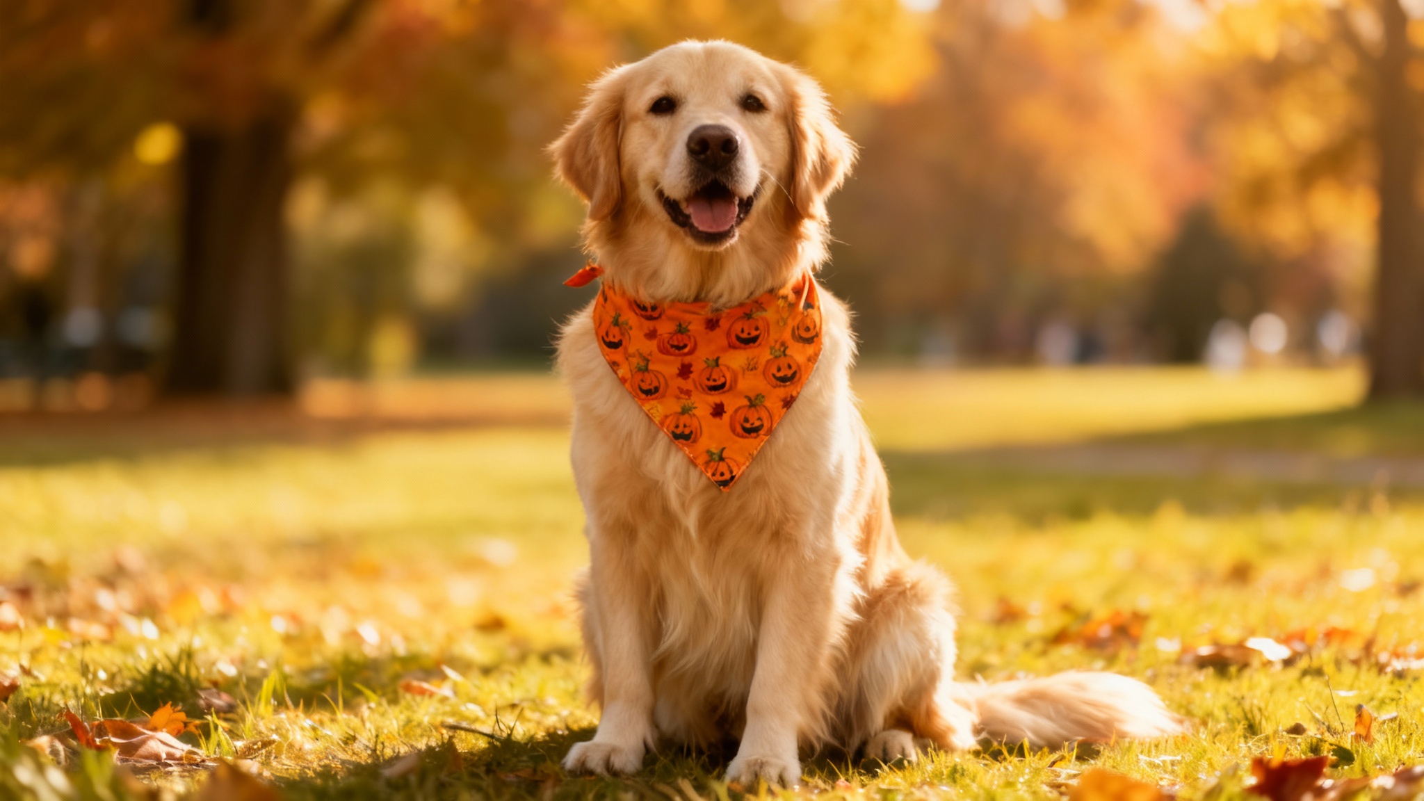 A happy Golden Retriever dog wearing a vibrant orange bandana with a pumpkin and autumn leaf pattern, sitting outdoors in a sunny park during the fall.