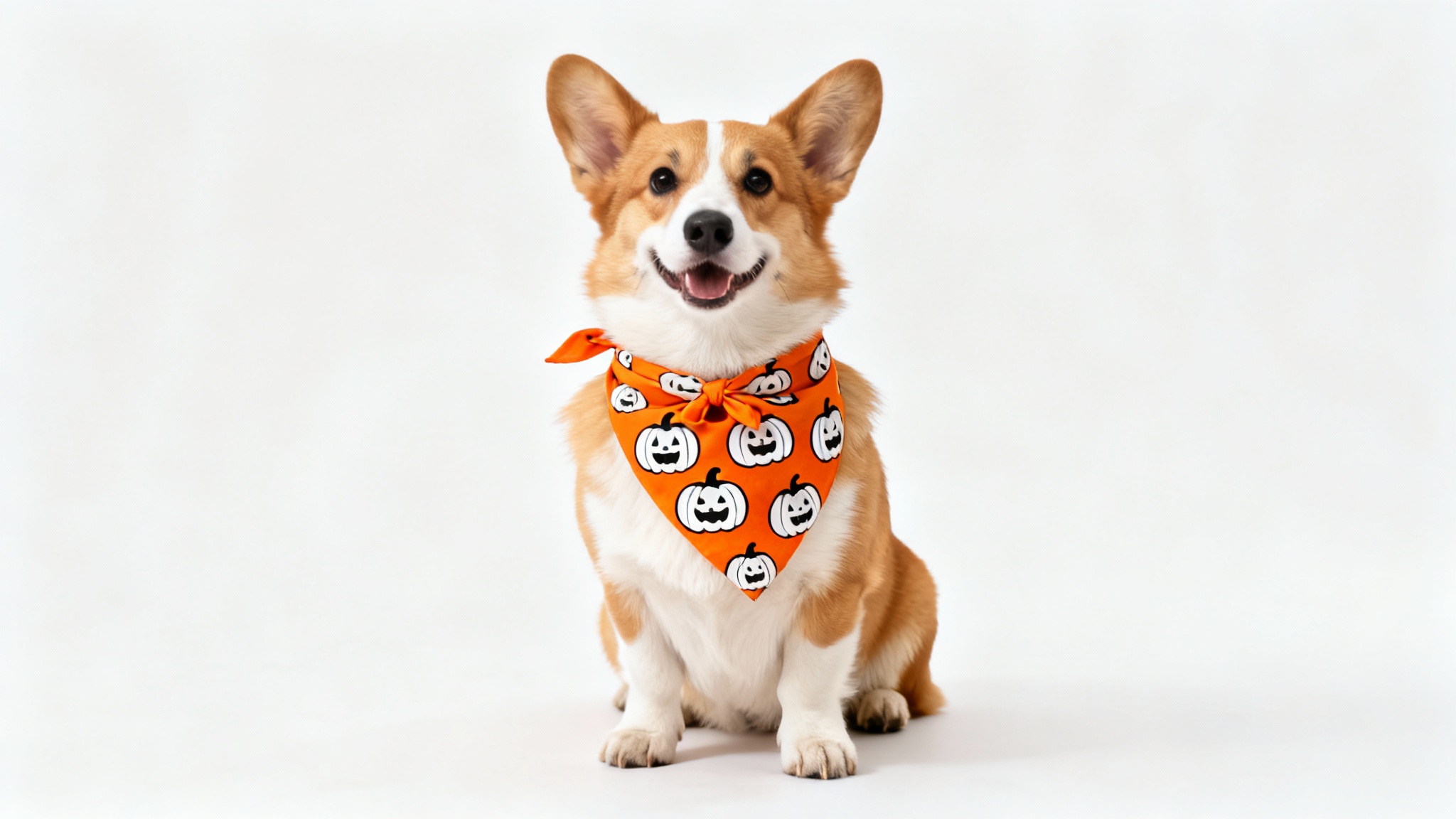 A cute Corgi wearing a pumpkin-themed dog bandana, posing for a product photo against a plain white background.