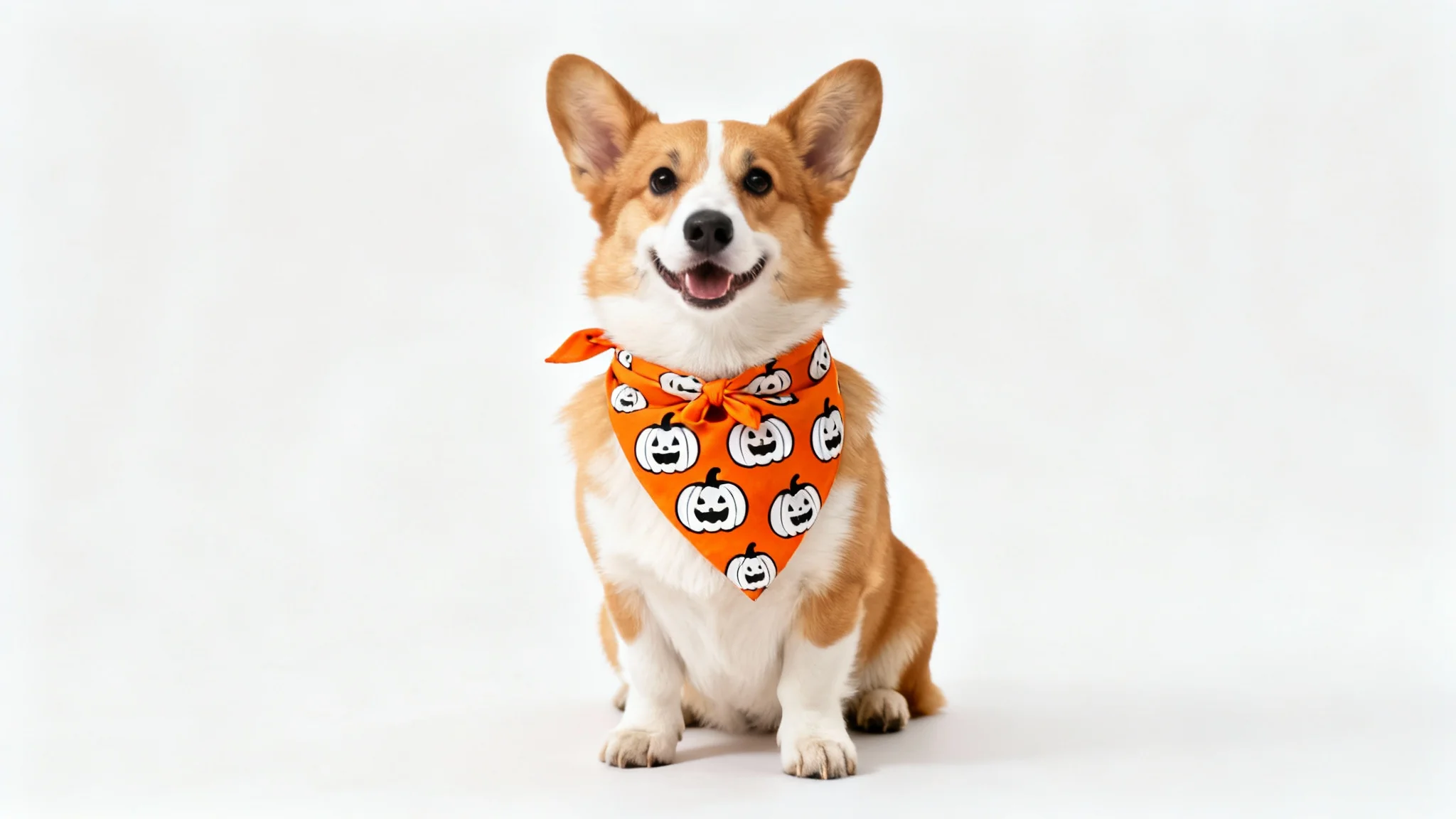 A cute Corgi wearing a pumpkin-themed dog bandana, posing for a product photo against a plain white background.