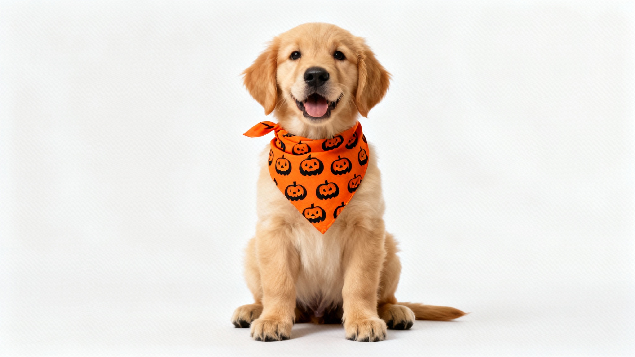 A cute golden retriever puppy models a festive orange dog bandana with a pattern of smiling pumpkin faces, shot against a clean white background.