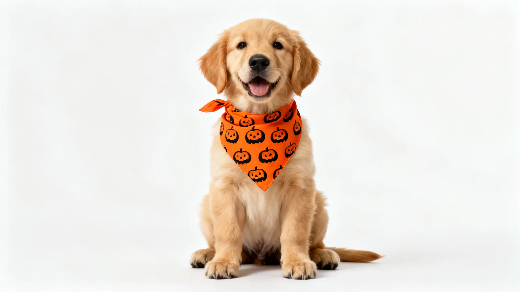 A cute golden retriever puppy models a festive orange dog bandana with a pattern of smiling pumpkin faces, shot against a clean white background.