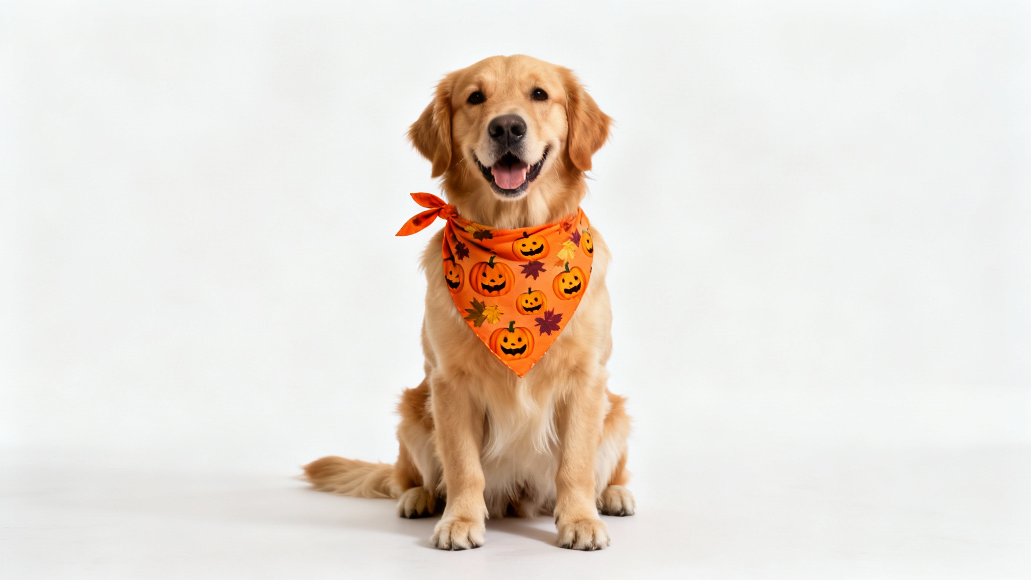 A photorealistic mockup of a happy golden retriever wearing a pumpkin-themed dog bandana against a plain white background.