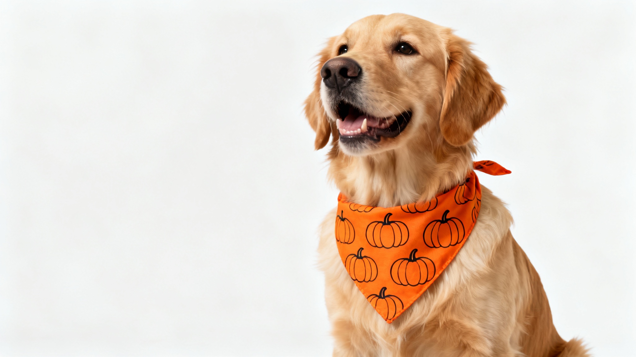 A happy golden retriever models a bright orange bandana with a pumpkin pattern, set against a clean white background.
