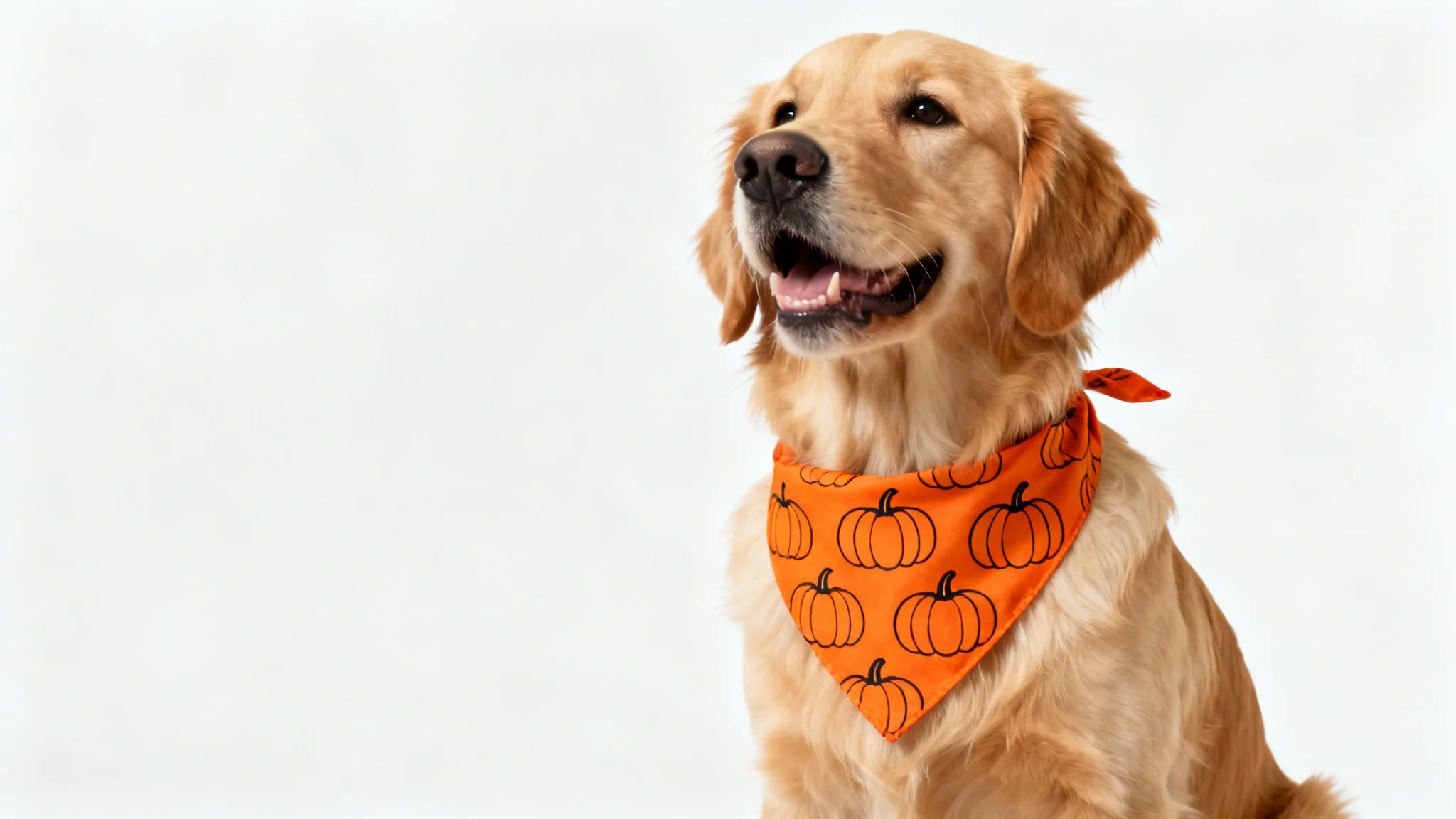 A happy golden retriever models a bright orange bandana with a pumpkin pattern, set against a clean white background.
