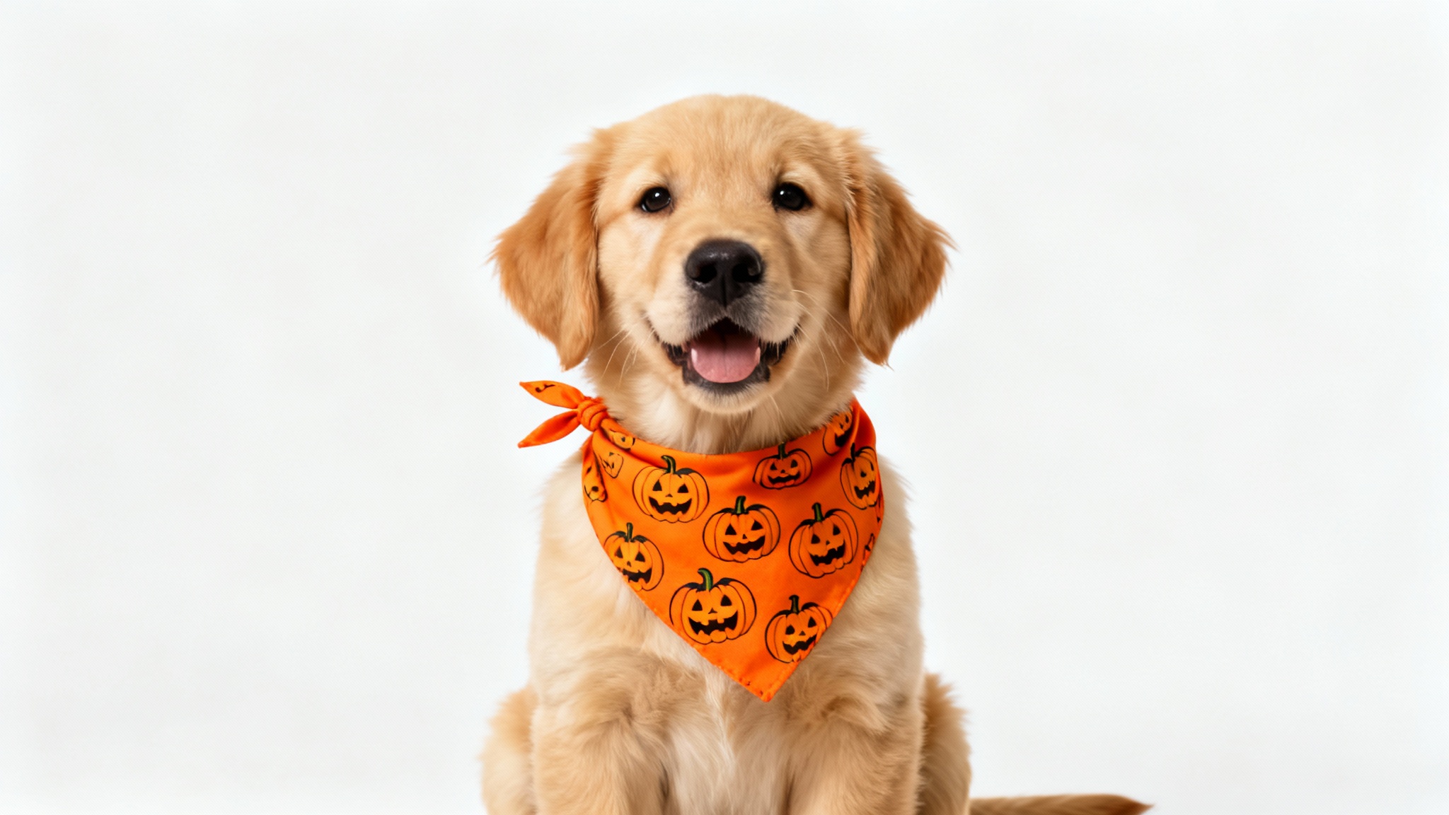 A cute golden retriever puppy wearing a pumpkin-themed orange bandana, posing for a product photo against a solid white background.