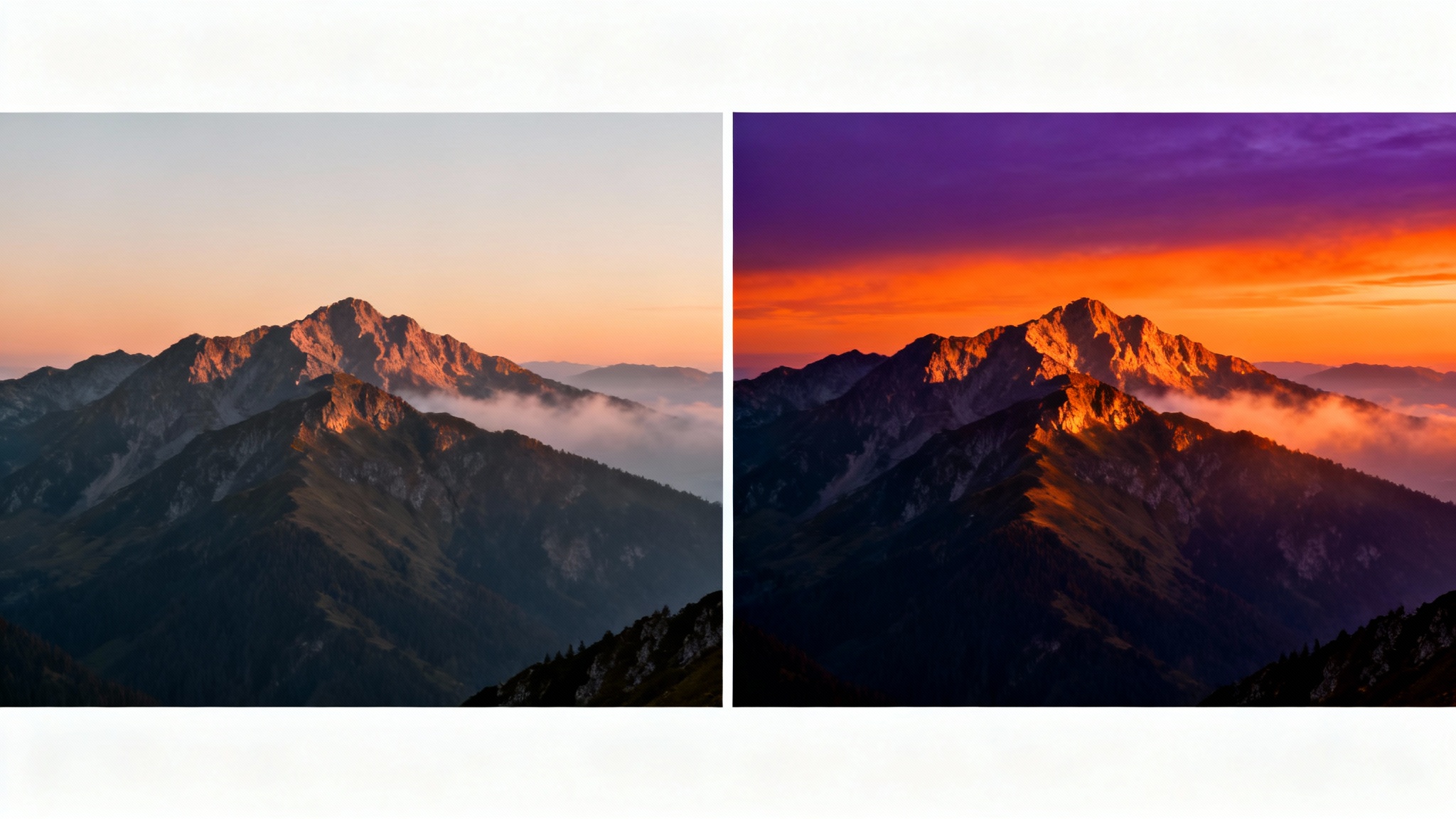 A before-and-after image showing a mountain landscape. The 'before' side has flat colors, while the 'after' side has been color graded to have a vibrant, cinematic sunrise.
