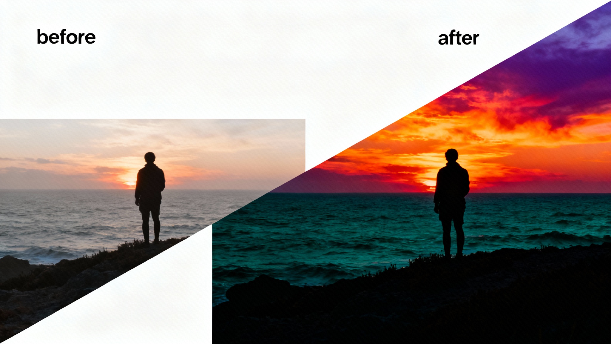 A before-and-after split-screen image showing the effect of color grading. The 'before' side shows a dull, washed-out coastal sunset. The 'after' side shows the same scene transformed with vibrant, cinematic colors, a fiery sunset, and deep teal water.