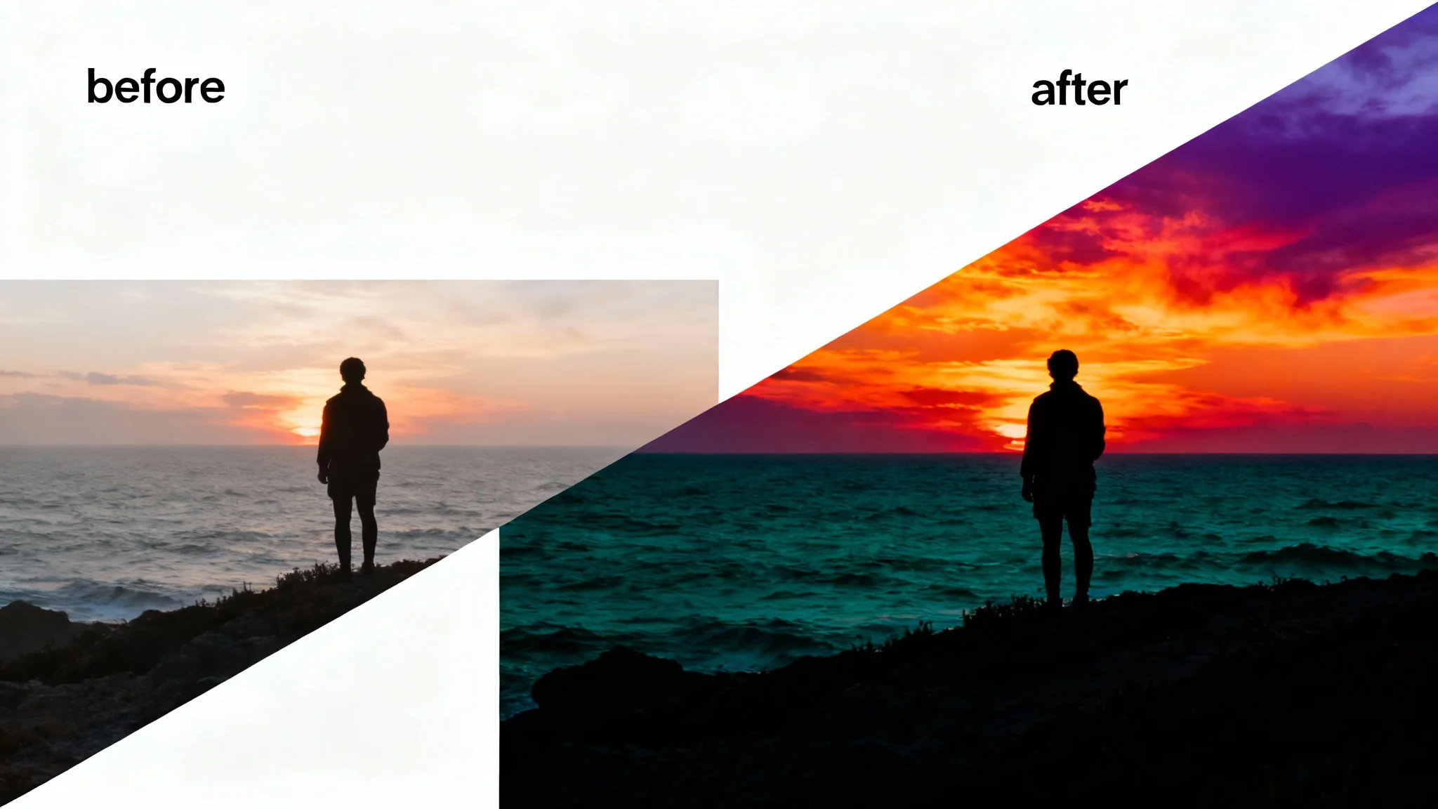 A before-and-after split-screen image showing the effect of color grading. The 'before' side shows a dull, washed-out coastal sunset. The 'after' side shows the same scene transformed with vibrant, cinematic colors, a fiery sunset, and deep teal water.