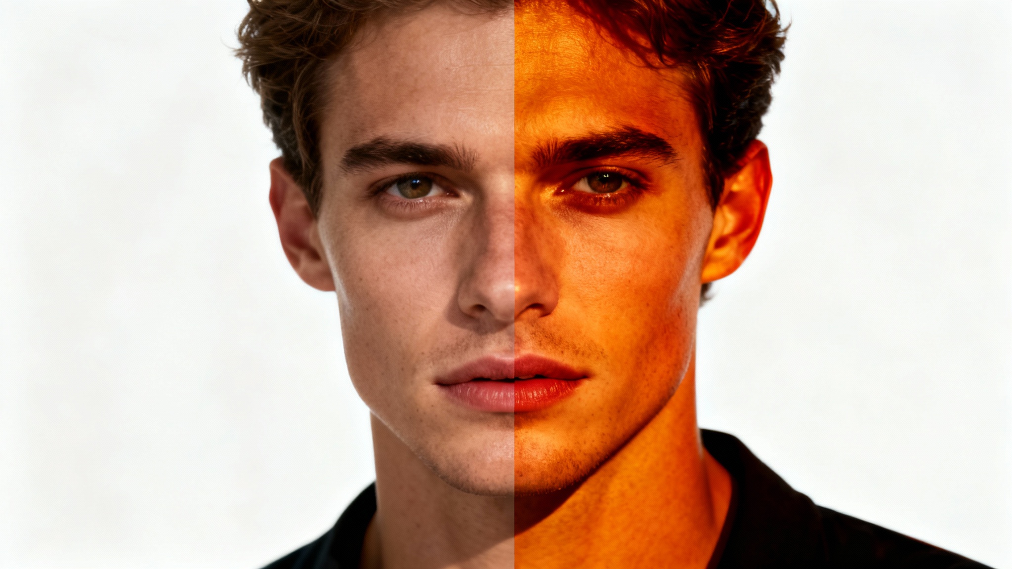 A side-by-side comparison illustrating color grading. The left image is a dull, flat portrait, while the right image is the same portrait but with vibrant, rich, and cinematic colors.
