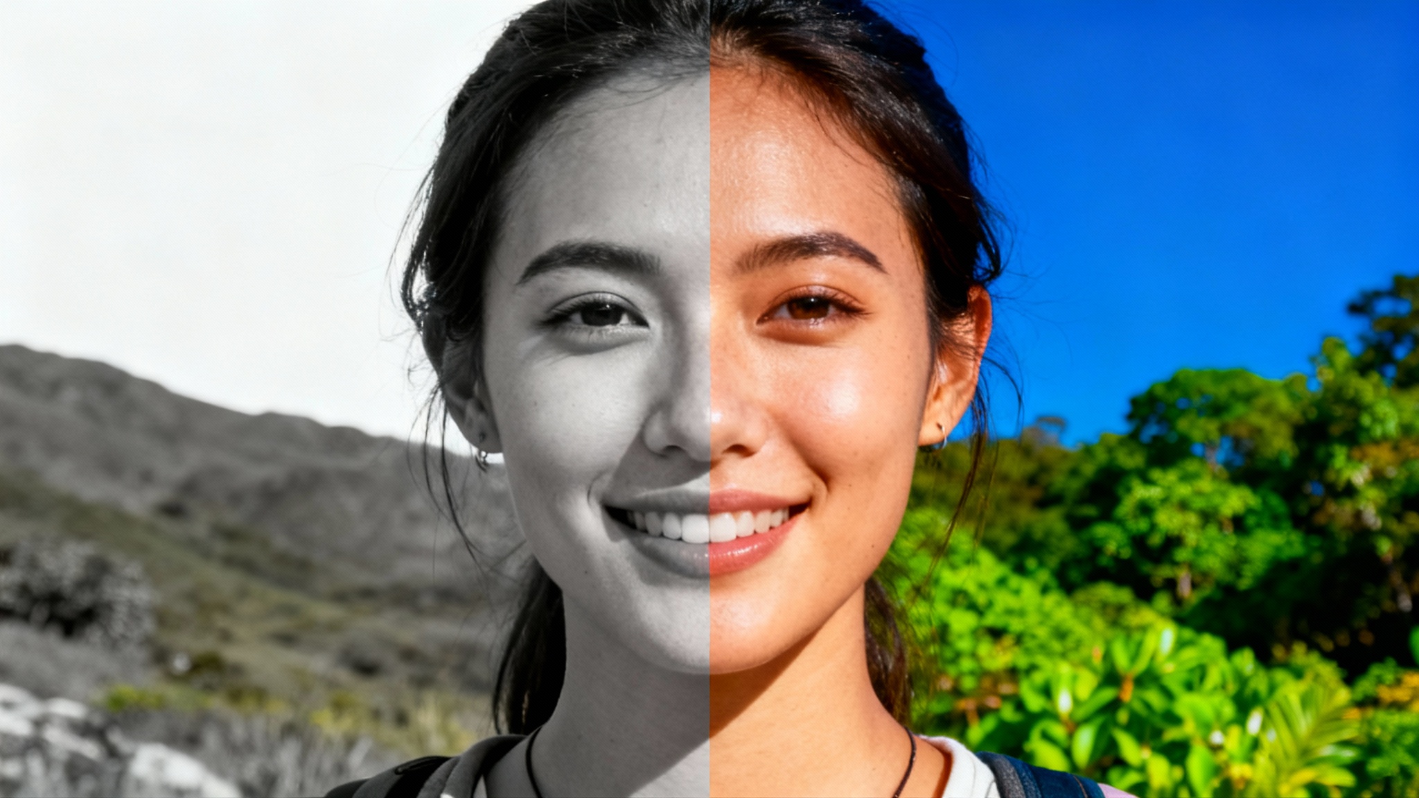 A before-and-after image showing the effect of color grading. The left side is a dull, flat photo of a woman outdoors, and the right side is the same photo edited to have vibrant, rich, and cinematic colors.