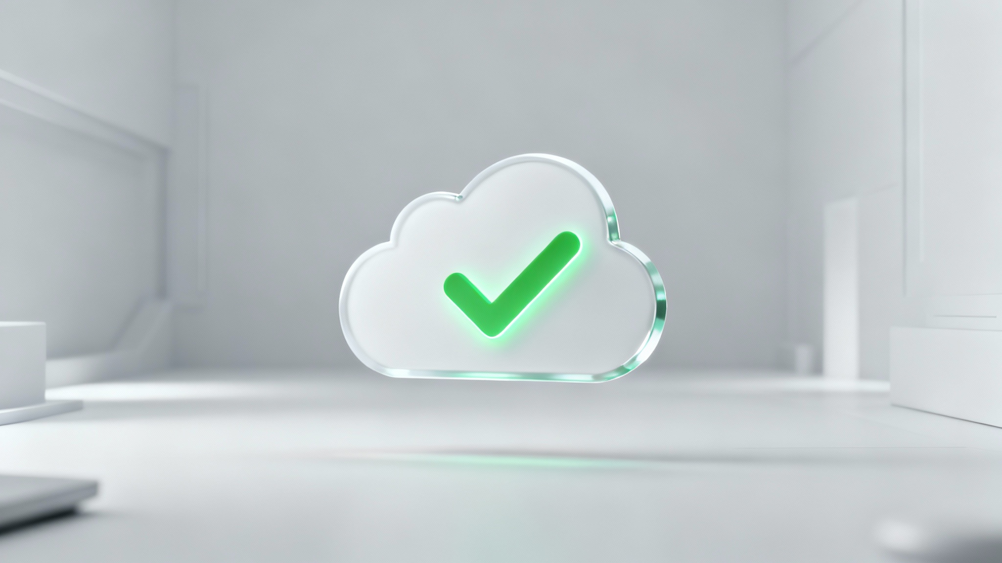 A polished 3D hero image displaying a modern cloud backup icon. The icon is a glassy, stylized cloud with a glowing green checkmark, indicating a successful backup, floating against a clean, minimalist light-gray background.