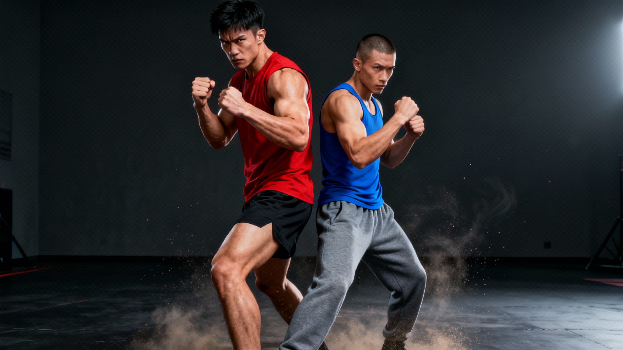 A hyperrealistic and cinematic image showing the final result of a duo fighting pose generator: two male fighters, one muscular in red and one lean in blue, stand back-to-back in a dynamic combat stance against a dark background with dramatic lighting.