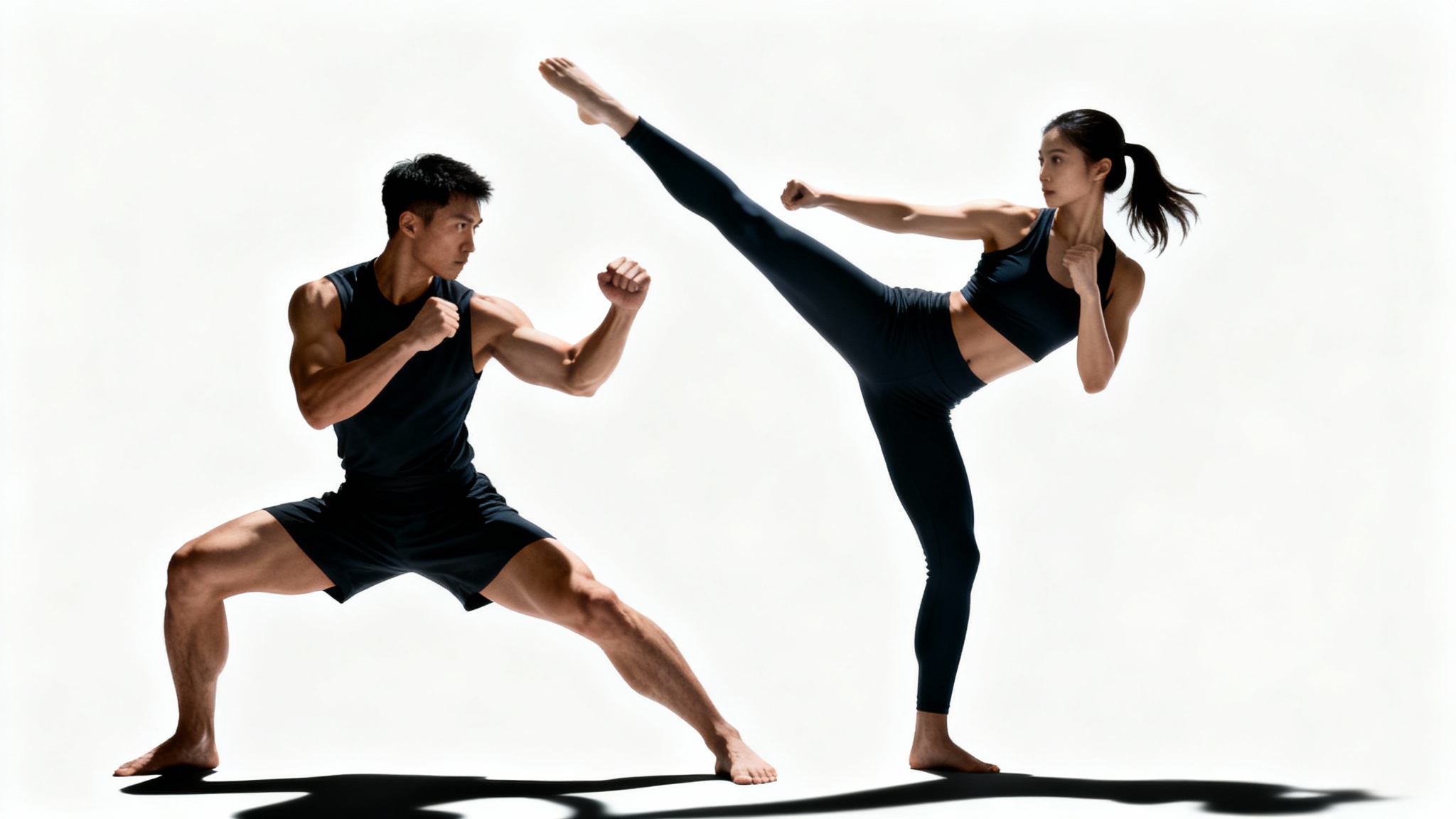 An illustration of a man and a woman in a dynamic, back-to-back fighting pose against a clean white background, showcasing a duo fighting concept.