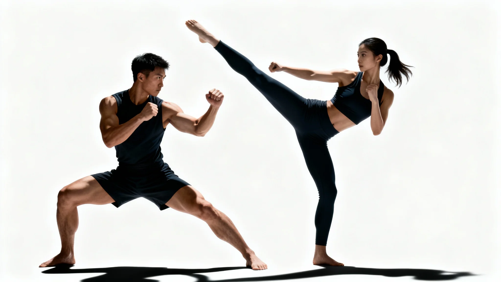 An illustration of a man and a woman in a dynamic, back-to-back fighting pose against a clean white background, showcasing a duo fighting concept.