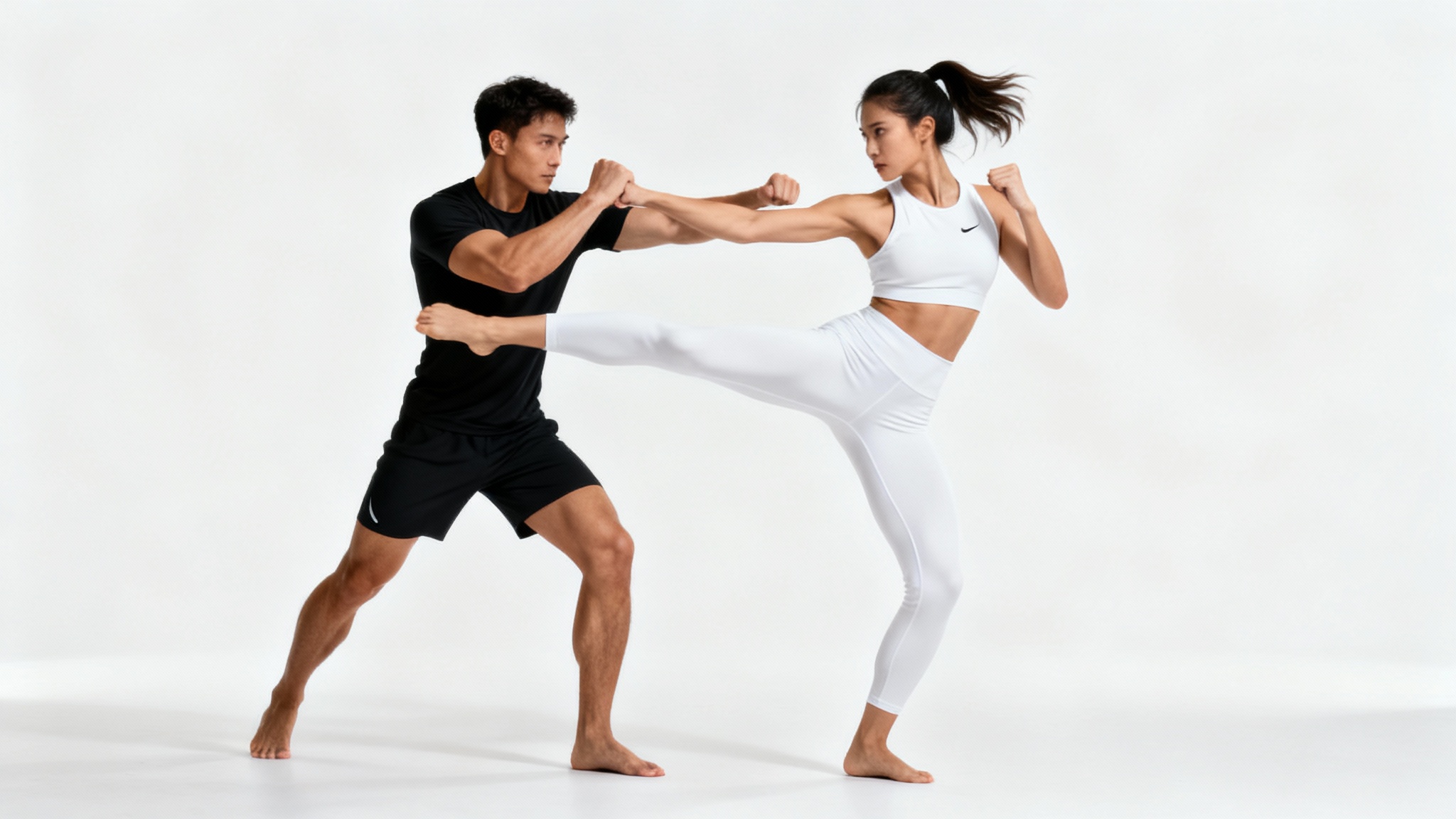 Two martial artists, a man and a woman, practice a fighting sequence against a white background, with the woman in mid-kick and the man blocking.