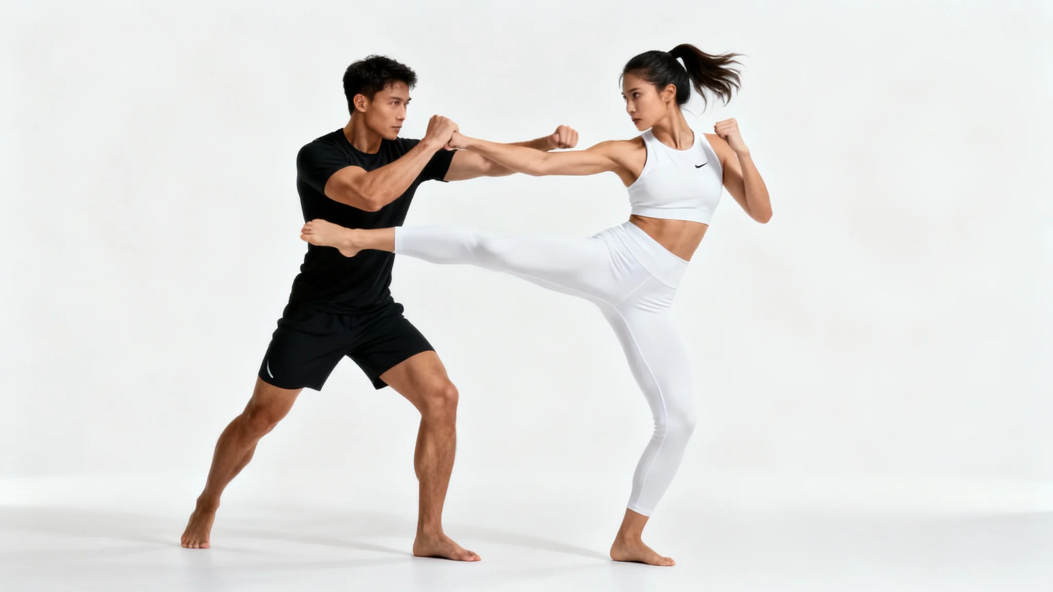 Two martial artists, a man and a woman, practice a fighting sequence against a white background, with the woman in mid-kick and the man blocking.
