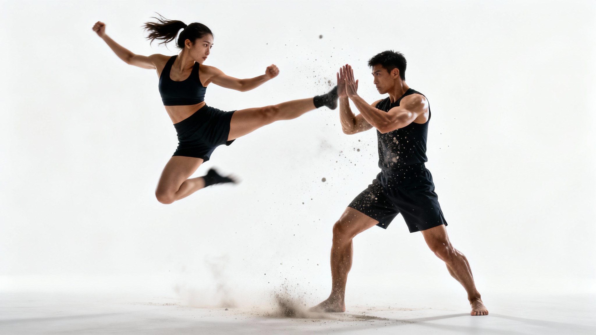 An action-packed photo of a man and a woman in a dynamic fighting pose against a plain white background, capturing a moment of intense martial arts action.