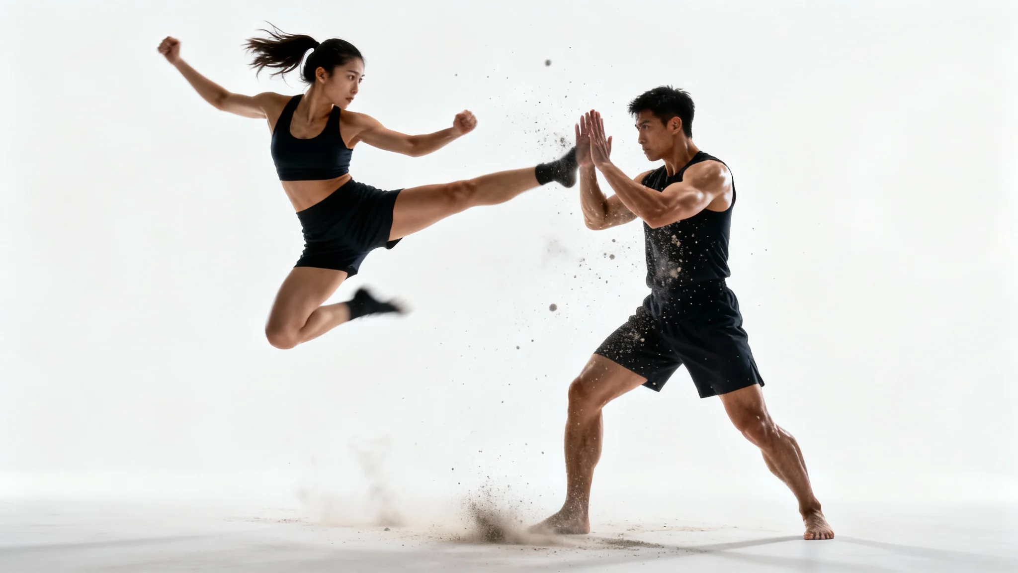 An action-packed photo of a man and a woman in a dynamic fighting pose against a plain white background, capturing a moment of intense martial arts action.