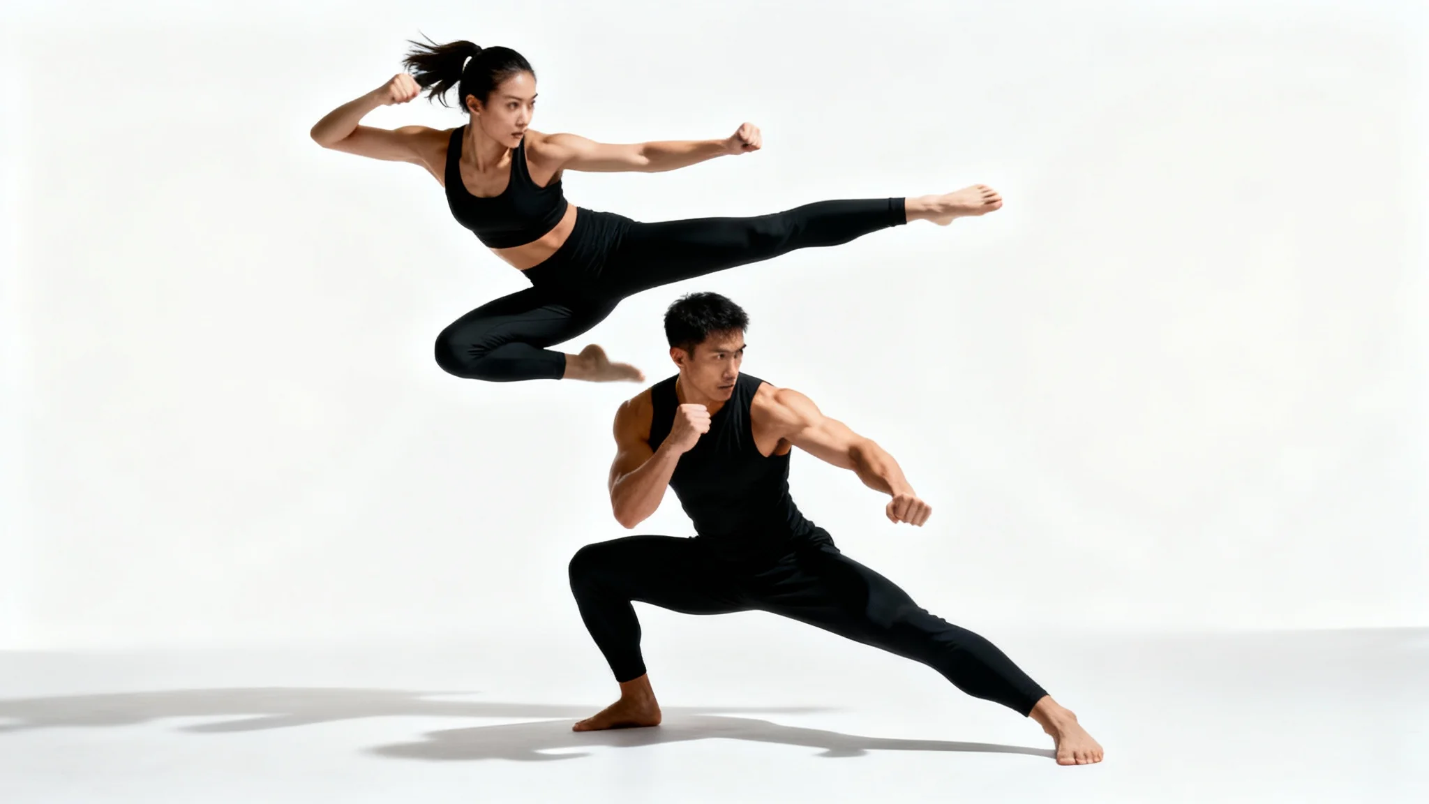 A man and a woman demonstrating a duo fighting pose against a clean white background. The woman is captured mid-air in a side kick while the man crouches beneath her in a defensive stance.