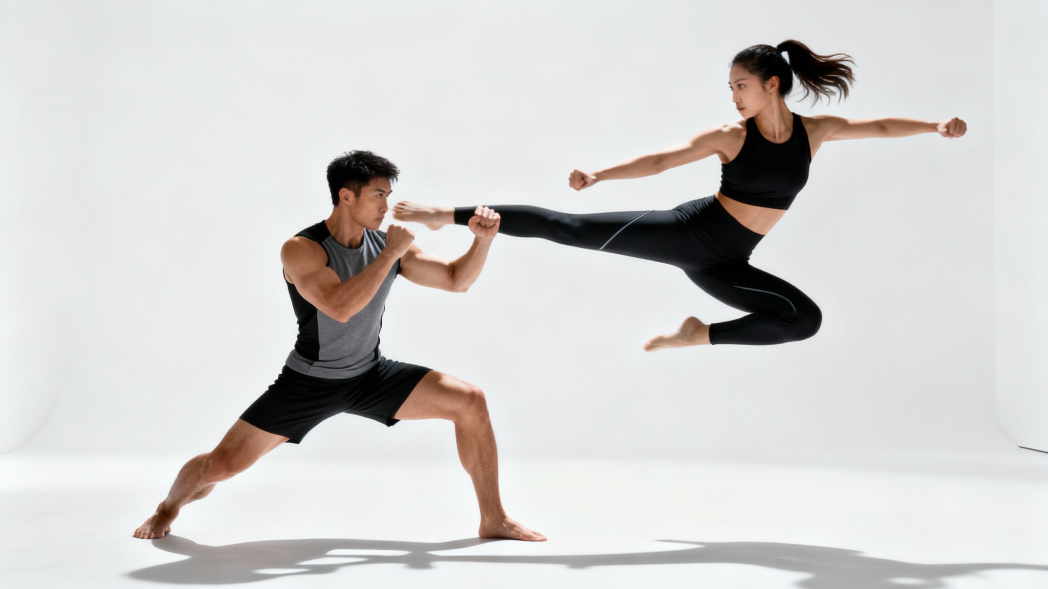 A photorealistic image of a man and a woman in athletic wear performing a dynamic fighting pose against a plain white background, with the woman captured mid-kick.