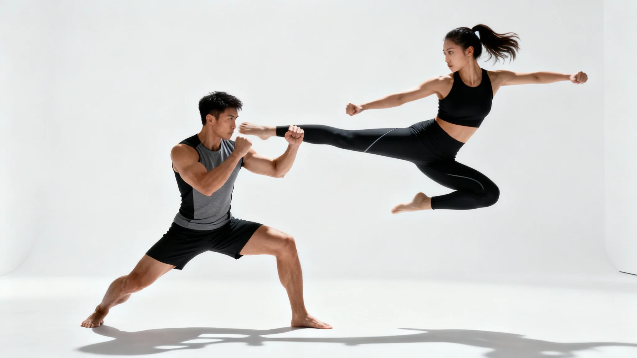 A photorealistic image of a man and a woman in athletic wear performing a dynamic fighting pose against a plain white background, with the woman captured mid-kick.