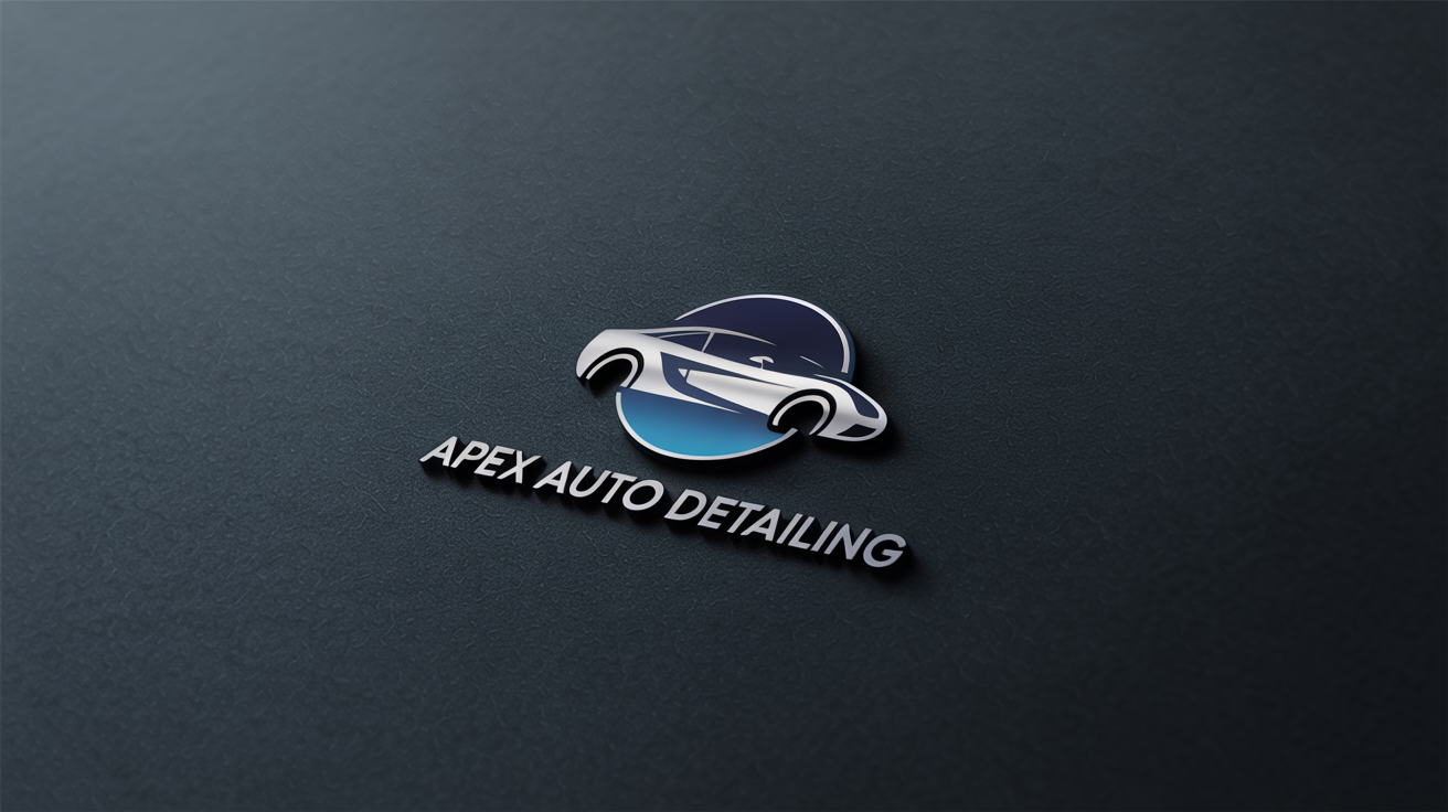 A professional logo for an auto detailing company named 'Apex Auto Detailing', featuring a sleek sports car silhouette in silver and blue, presented on a dark, textured background.
